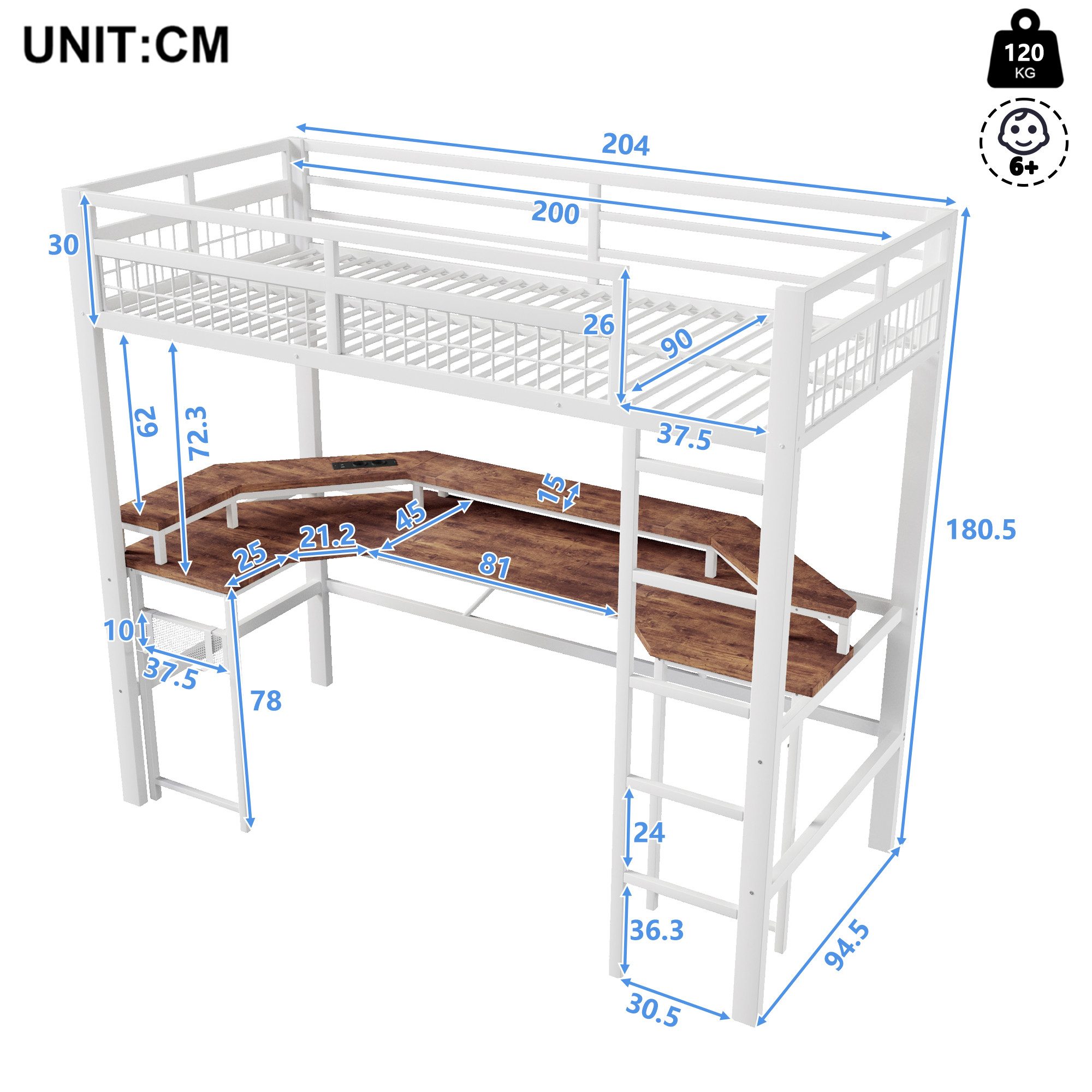 BlingBin Hochbett Funktionsbett Jugendbett Kinderbett mitLED-Beleuchtung (Einzelbett, 1-St., mit Schreibtisch, Lochwand, 2 Steckdosen1 USB und Typ-C-Anschluss) 90 x 200 cm, ohne Matratze, weiß