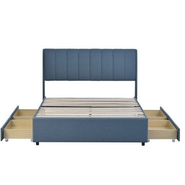 Merax Polsterbett 140x200 cm mit 4 Schubladen, Lattenrost und Rückenlehne, Funktionsbett, Doppelbett aus Leinen