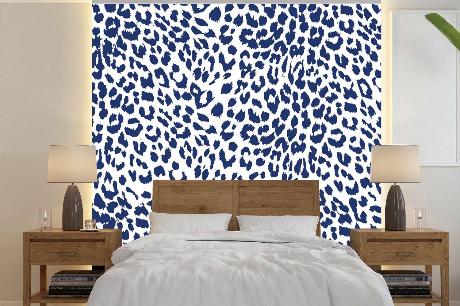 MuchoWow Fototapete Pantherdruck - Weiß - Blau, Matt, bedruckt, (5 St), Vinyl Tapete für Wohnzimmer oder Schlafzimmer, Wandtapete