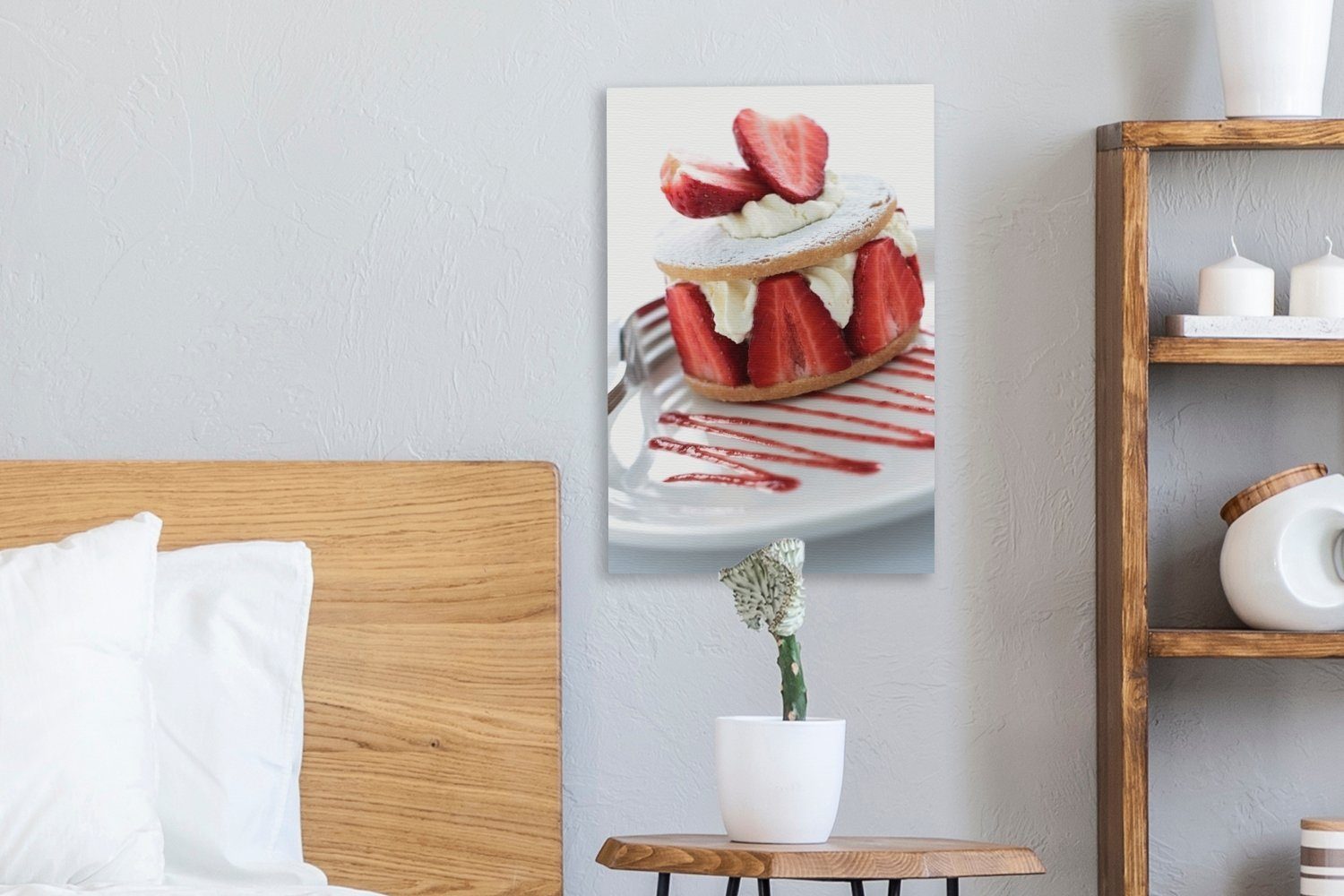 Erdbeer fertig Zackenaufhänger, inkl. St), Leinwandbild cm Leinwandbild Sauce, Gemälde, OneMillionCanvasses® - 20x30 (1 - bespannt Kuchen