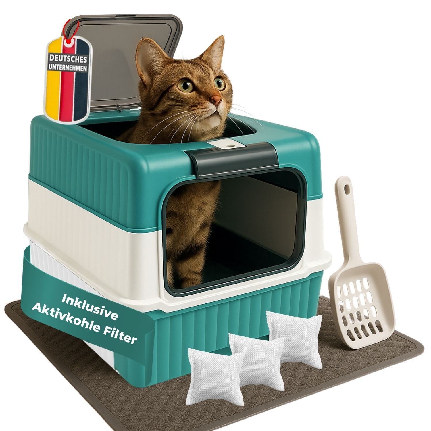 Coemo Katzentoilette, Türkis Katzenklo mit Deckel, Filter geruchsbindend, Schublade