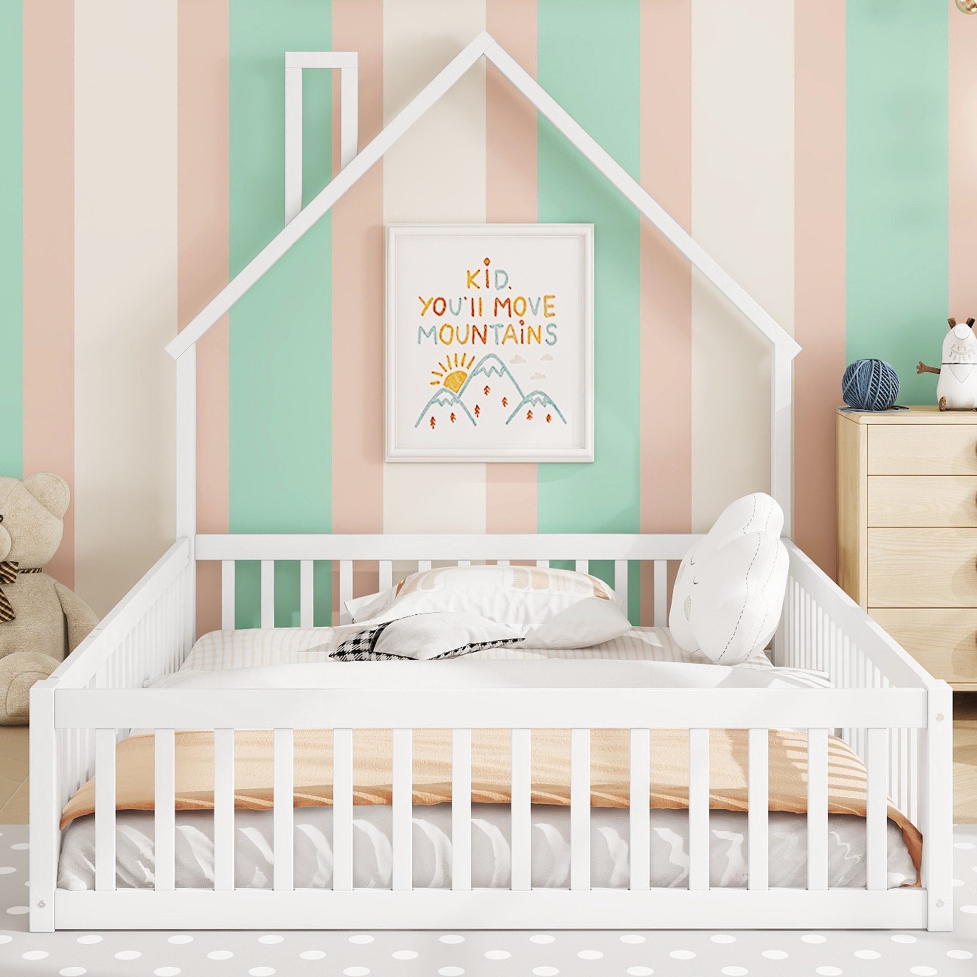 Flieks Kinderbett, Massivholzbett 140x200cm mit Schornsteinform günstig online kaufen