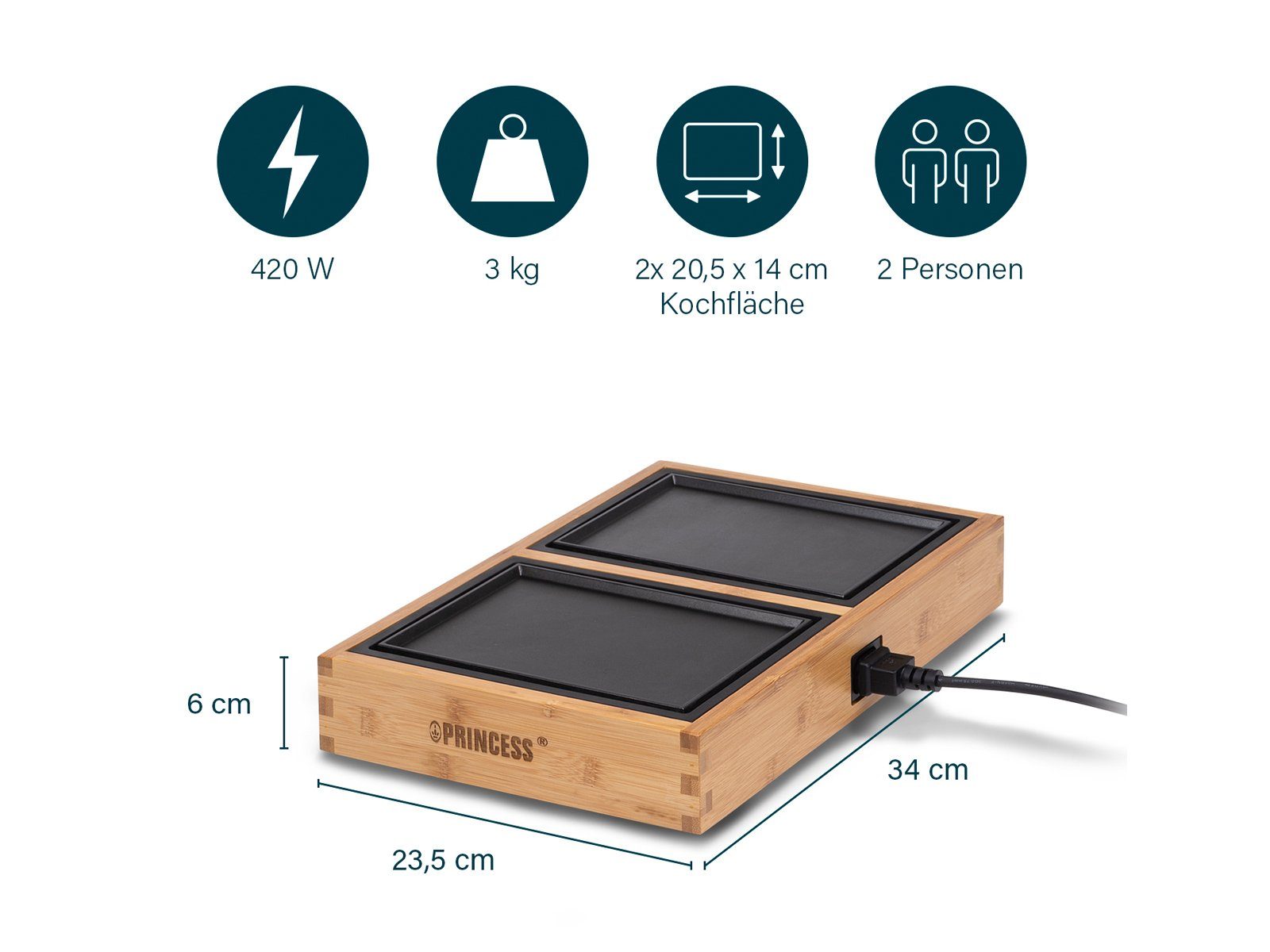 PRINCESS Teppanyakigrill, 420 W, Elektro Tischgrill fettarm grillen 2-6 Personen low fat Grillplatte