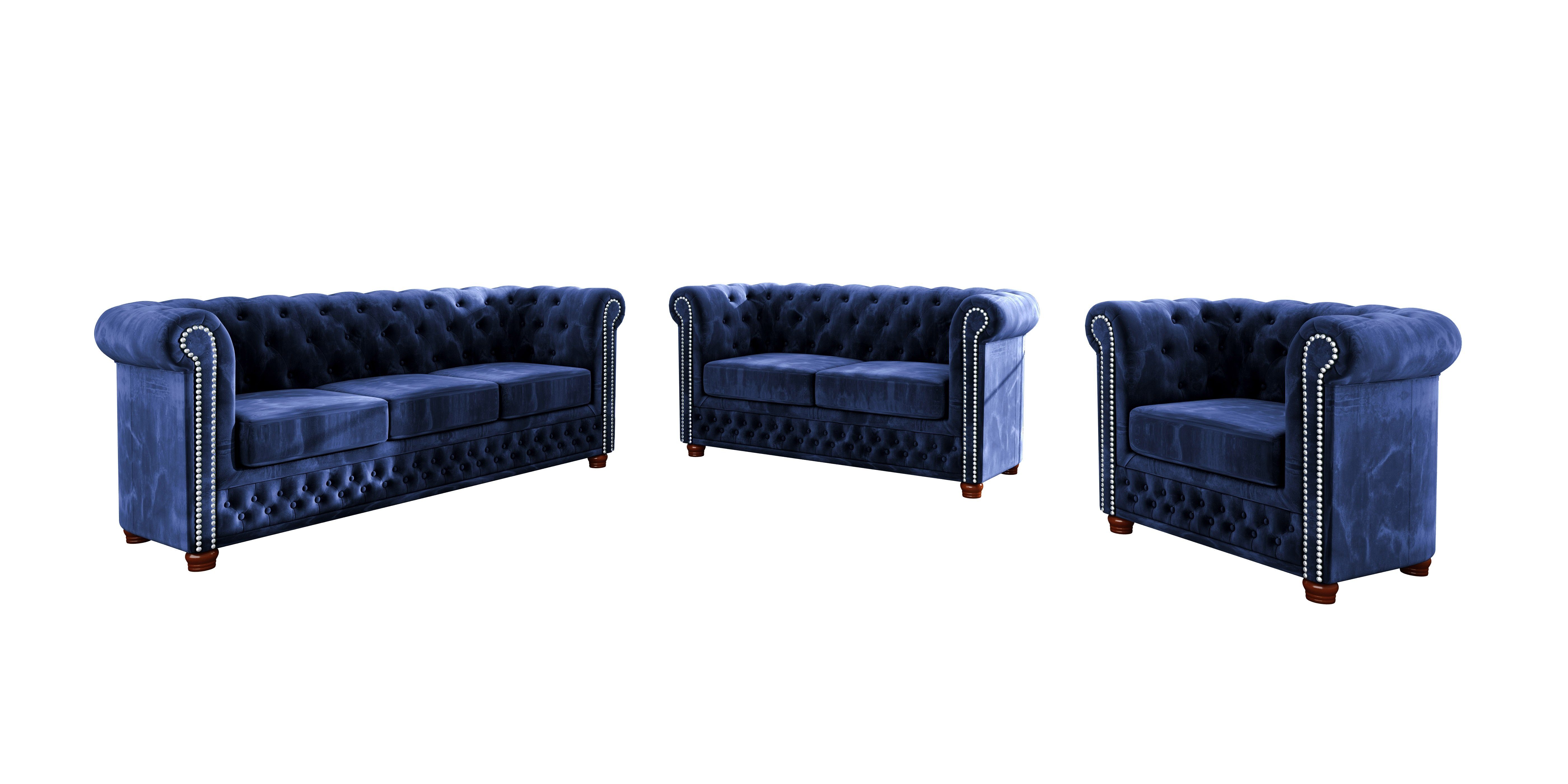 2-Sitzer Sofa, Chesterfield Marineblau S-Style Wellenfederung Möbel Leeds mit