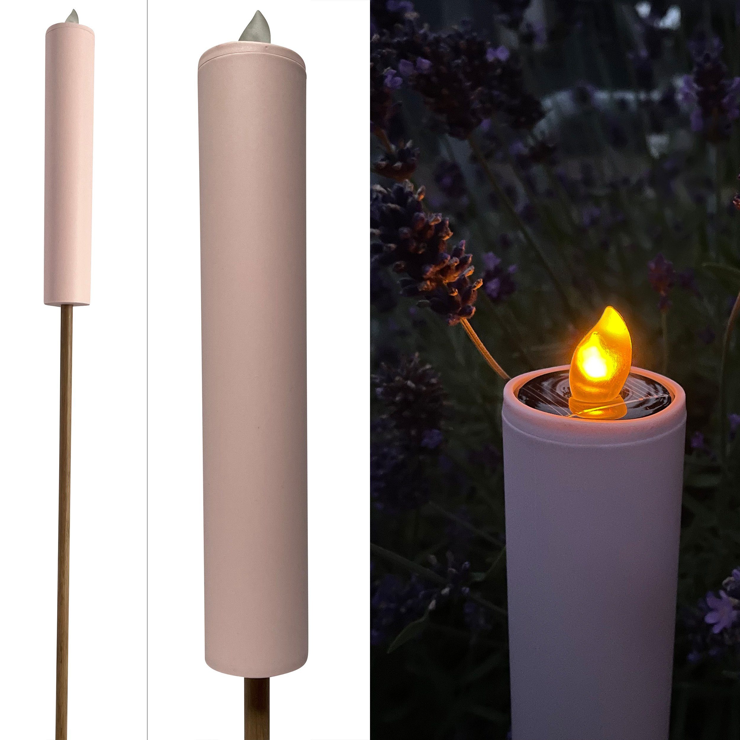 Online-Fuchs LED Solarleuchte Kerzen mit Solar LED Flamme Beet, Gartenstecker Solarlampen Fackel, LED fest integriert, Flamme, gelb/orange, Gartendeko, 62 cm bis 98 cm hoch, Solarleuchten Rosa