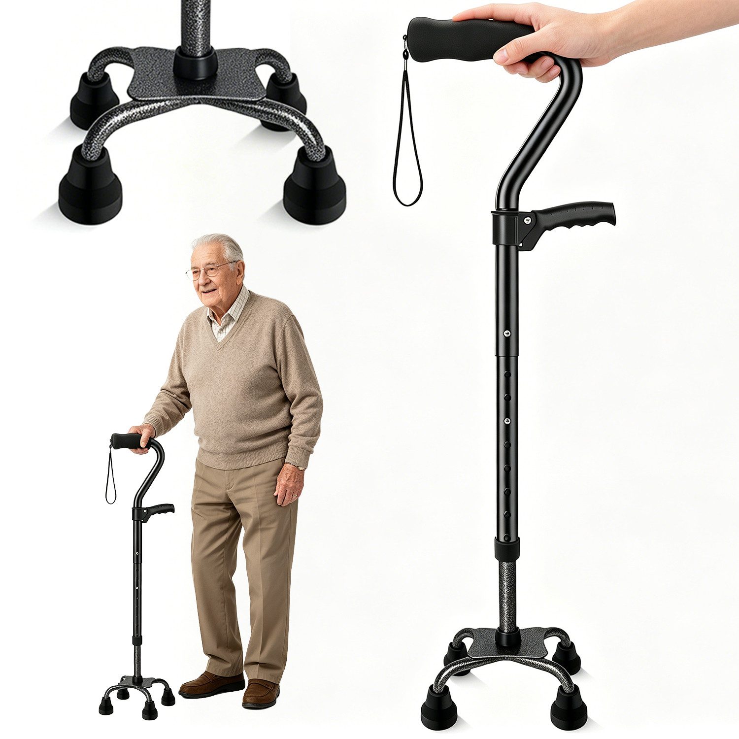 AKKEE Gehstock Geh- und Aufstehhilfe für Senioren & Erwachsene, mit 4 Beinen, Aluminiumlegierung 78-95cm 8-stufige Höhenverstellung