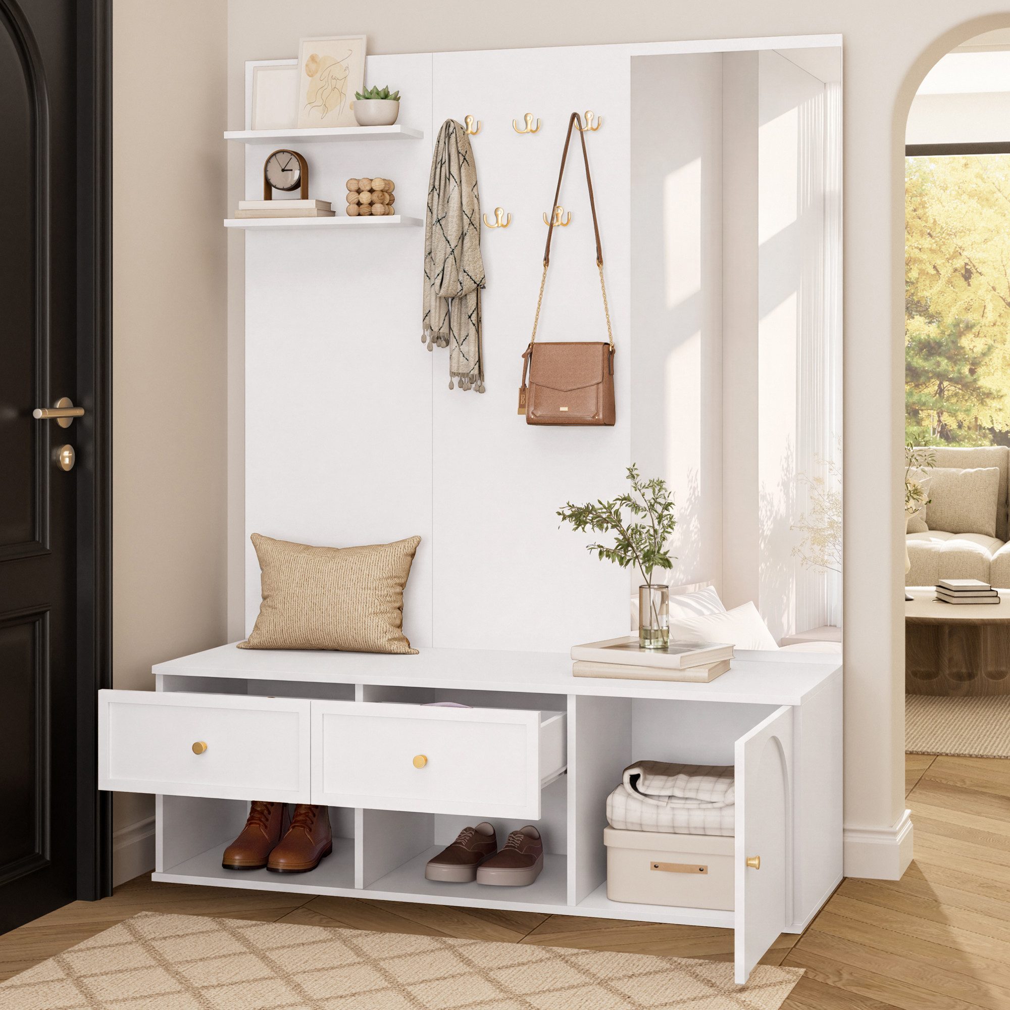 Flieks Garderoben-Set Wandgarderobe mit Schubladen, Schuhregal, Sitzbank, 5 Haken, Spiegel, (B120xT35xH159 cm), Kompaktgarderobe Flurschrank Einganschrank Flurm – Bild 2 von 5