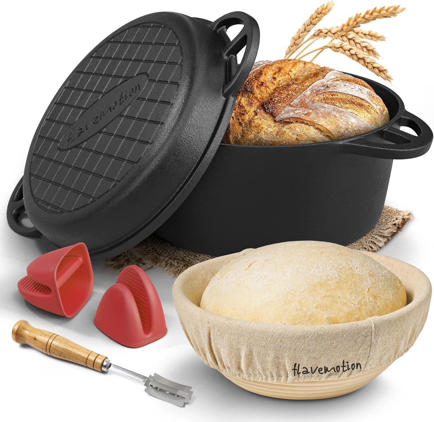 Flavemotion Brotbackform Gusseisen Topf - Starter-Set: Gärkorb, Bäckermesser und Brotrezepten, (Brottopf, Brotbacktopf, Gusseisen Bräter 2-tlg), ideale Brotbackfrom mit Deckel 26cm