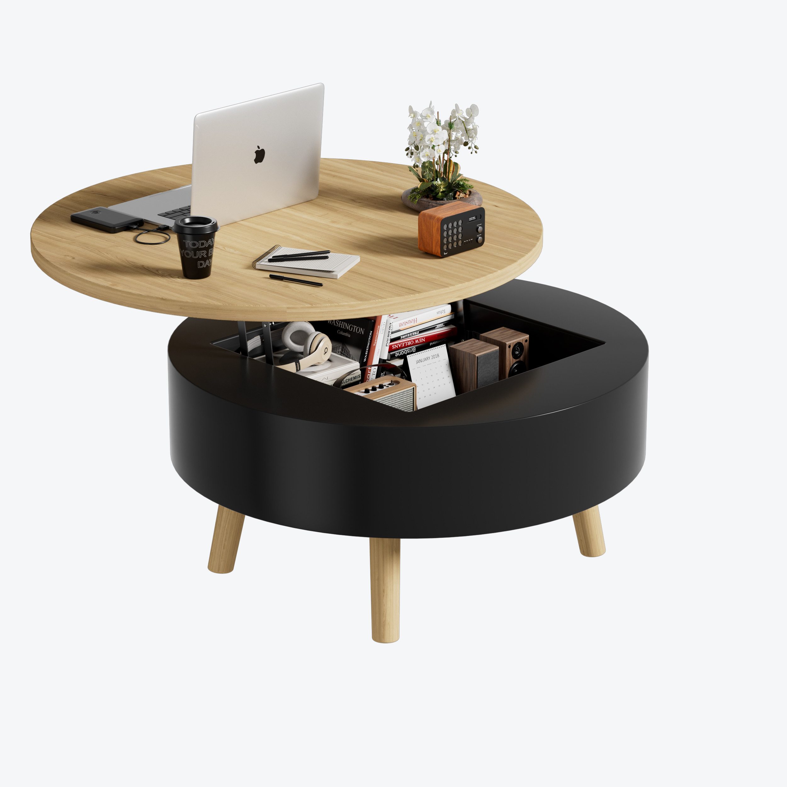 TWSOUL Couchtisch Runder Couchtisch mit Hebefunktion, Höhenverstellbar, mit Stauraum, Beistelltisch für Wohnzimmer & Büro