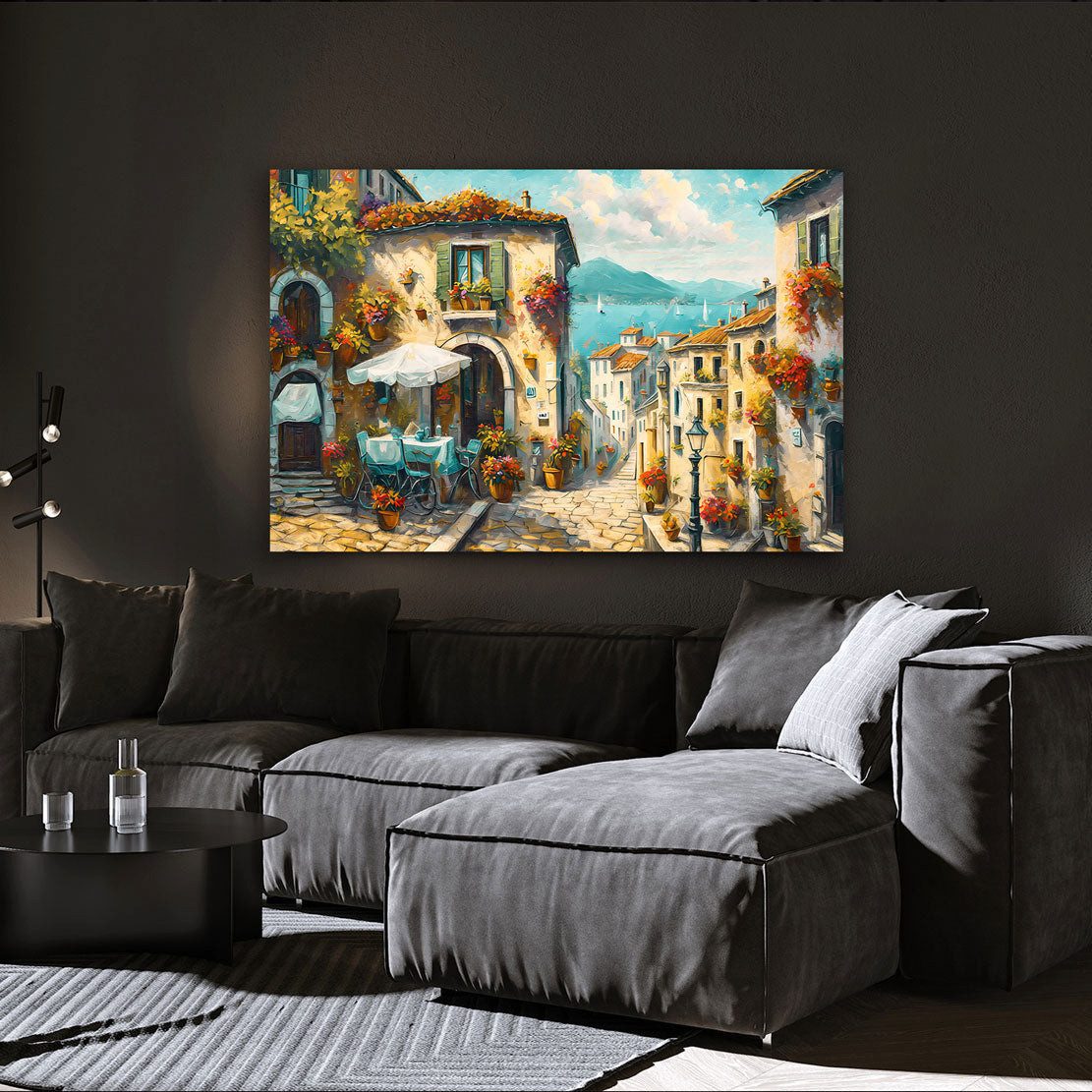 Artedinoi Leinwandbild Bella Italia Gasse Italien Küstenstadt Café Leinwandbild Wandbild Kuns, Italienische Gasse mit Café