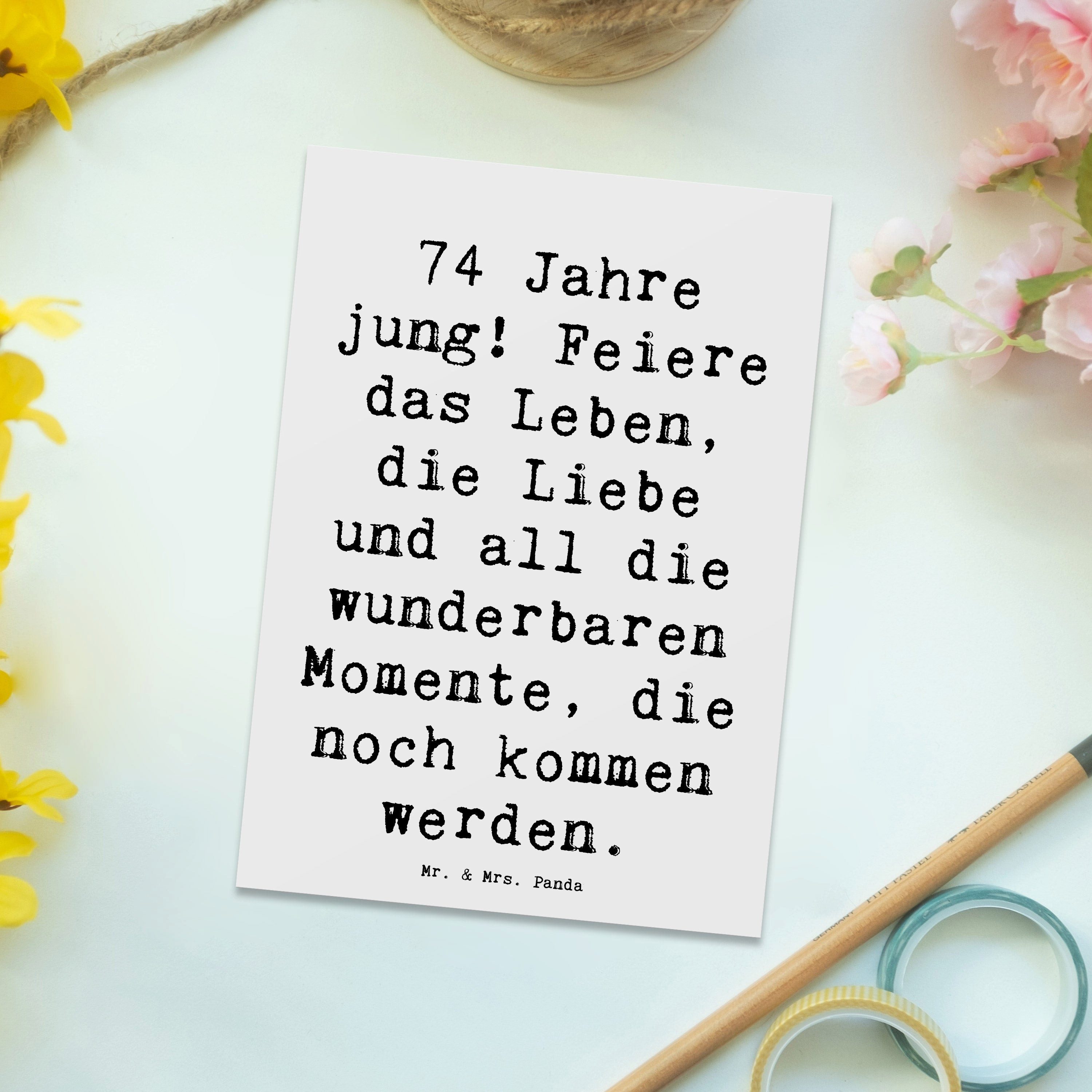 Thumbnail - Mr. & Mrs. Panda Postkarte Spruch 74. Geburtstag Freude - Weiß - Geschenk, Leben feiern, Alter, Witzige Sprüche