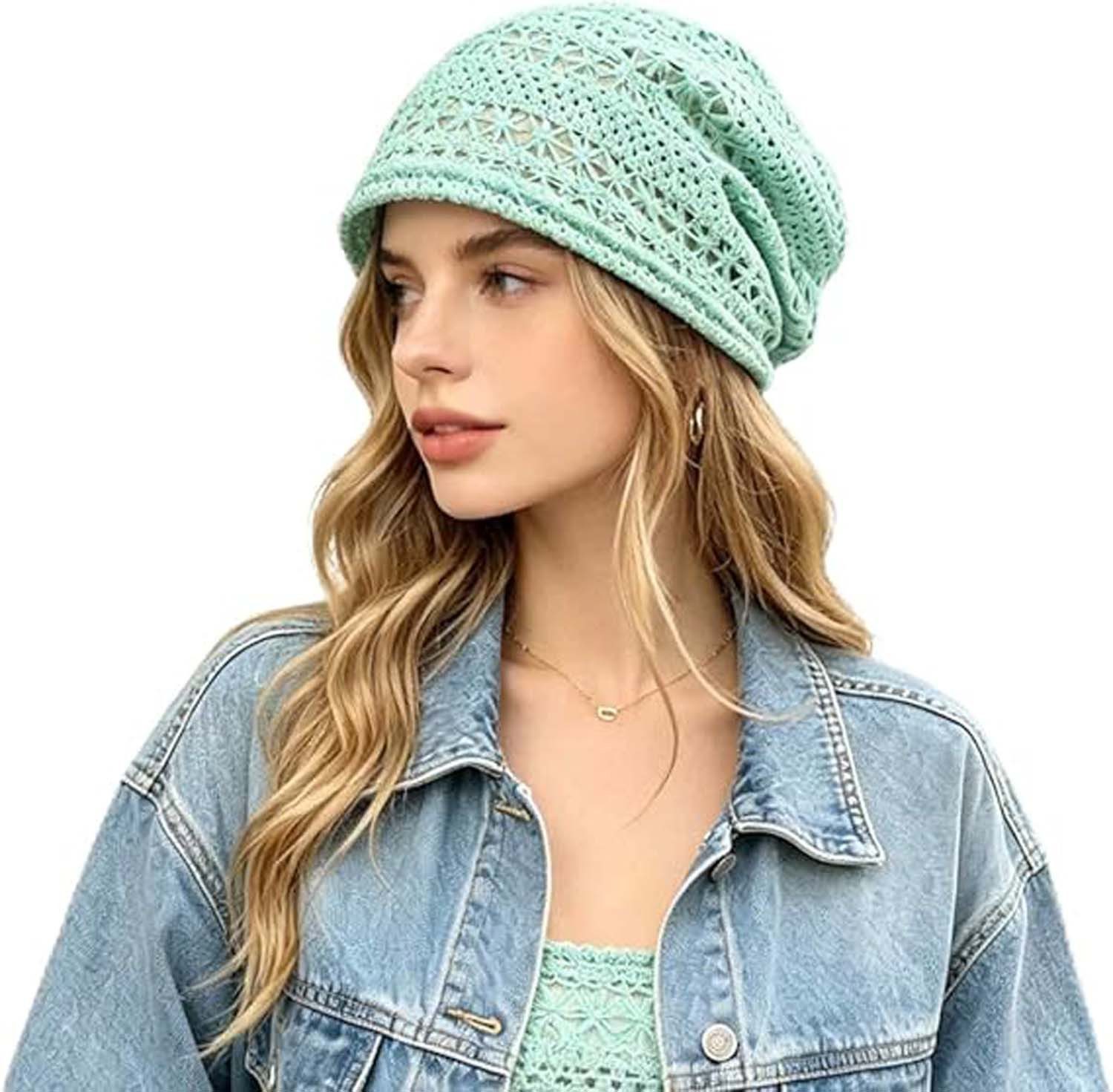 nsihing Beanie Glitzernde Spitzenmütze für Damen, leichte, atmungsaktive Strickmütze