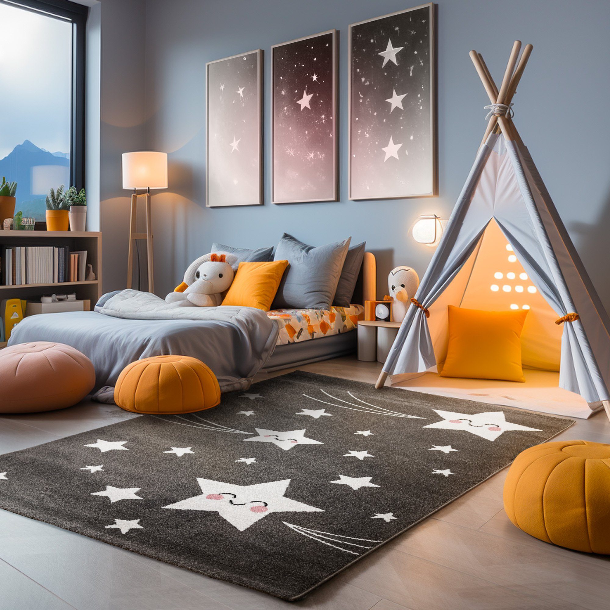 Teppich Sterne-Design, SIMPEX24, Läufer, Höhe: 11 mm, Kinderteppich Stern-Design Grau Baby Teppich Kinderzimmer Pflegeleicht