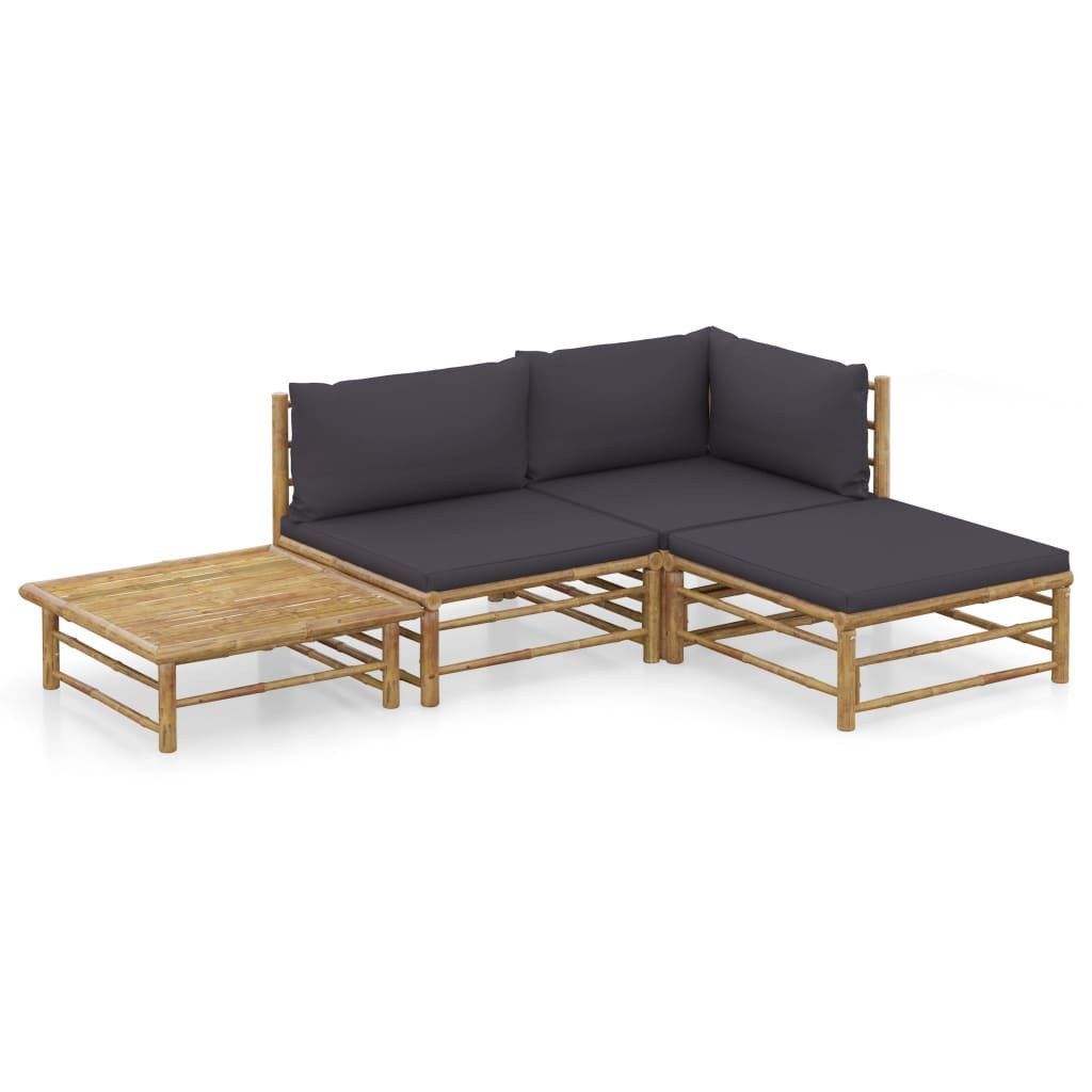 vidaXL Gartenlounge-Set 4-tlg. Garten-Lounge-Set mit Dunkelgrauen Kissen Bambus, (1-tlg)