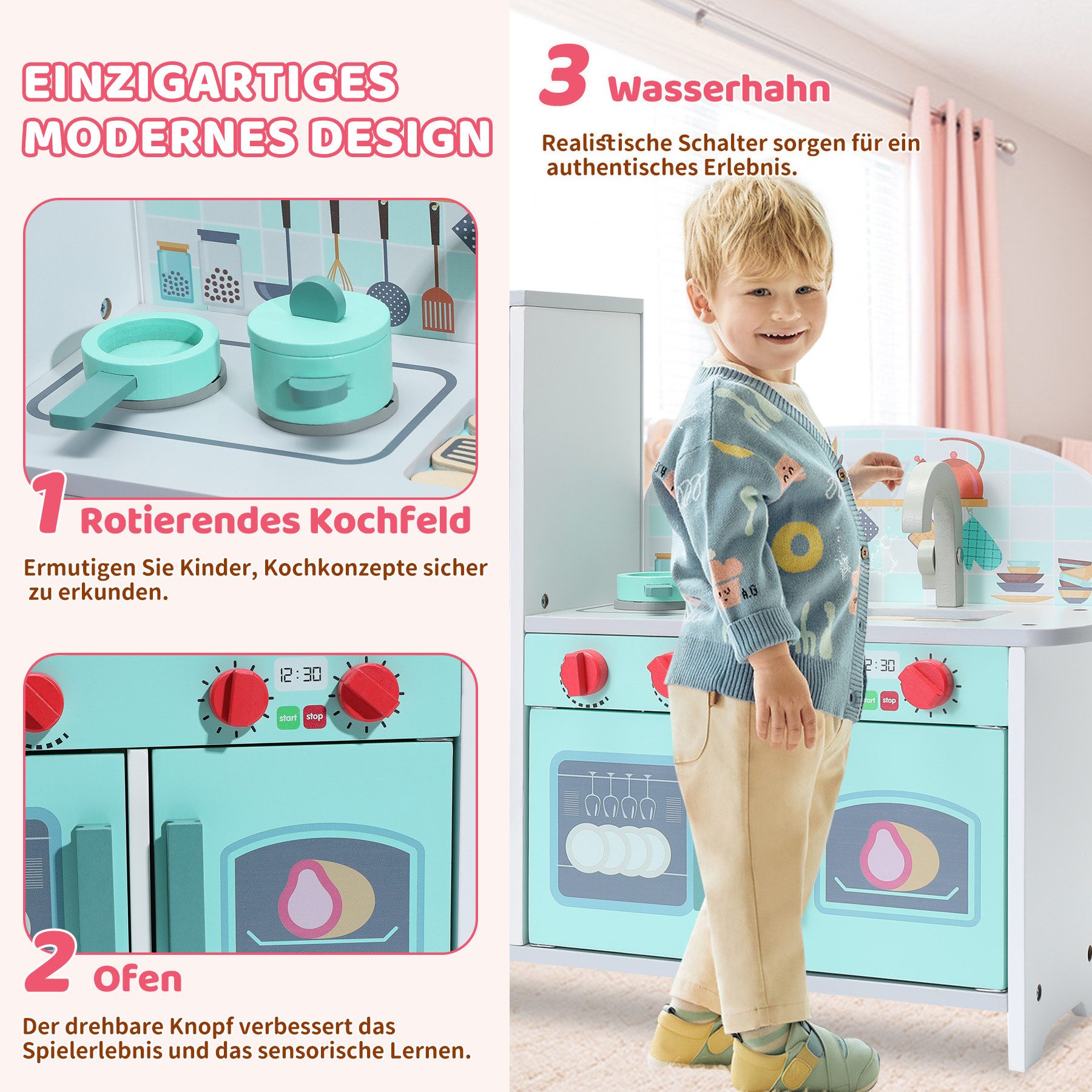 HomeMiYN Spielküche Kinderküche Holz Spielküche Spielzeug Multifunktionales, Hergestellt aus Holz