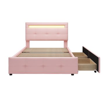 IDEASY Polsterbett Einzelbett, Kinderbett, 90 x 200 cm, (mit 16-farbigem LED-Licht (4 automatische Wechselmodi), 2 Schubladen, hautfreundliche Leinenpolsterung, rosa/beige