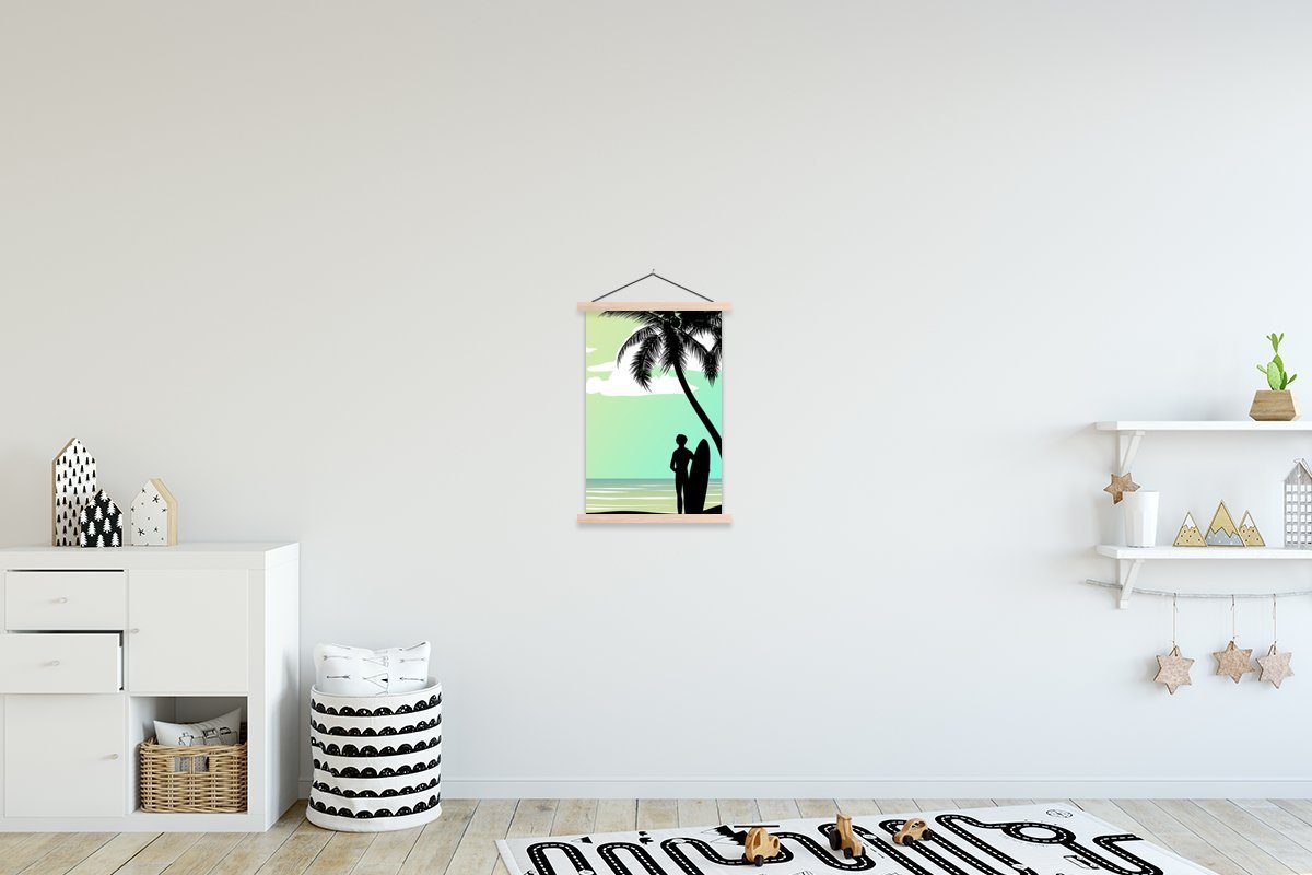 MuchoWow Poster Meer - Surfbrett - Palme, (1 St), Posterleiste, Textilposter für Wohnzimmer, Bilderleiste, Magnetisch