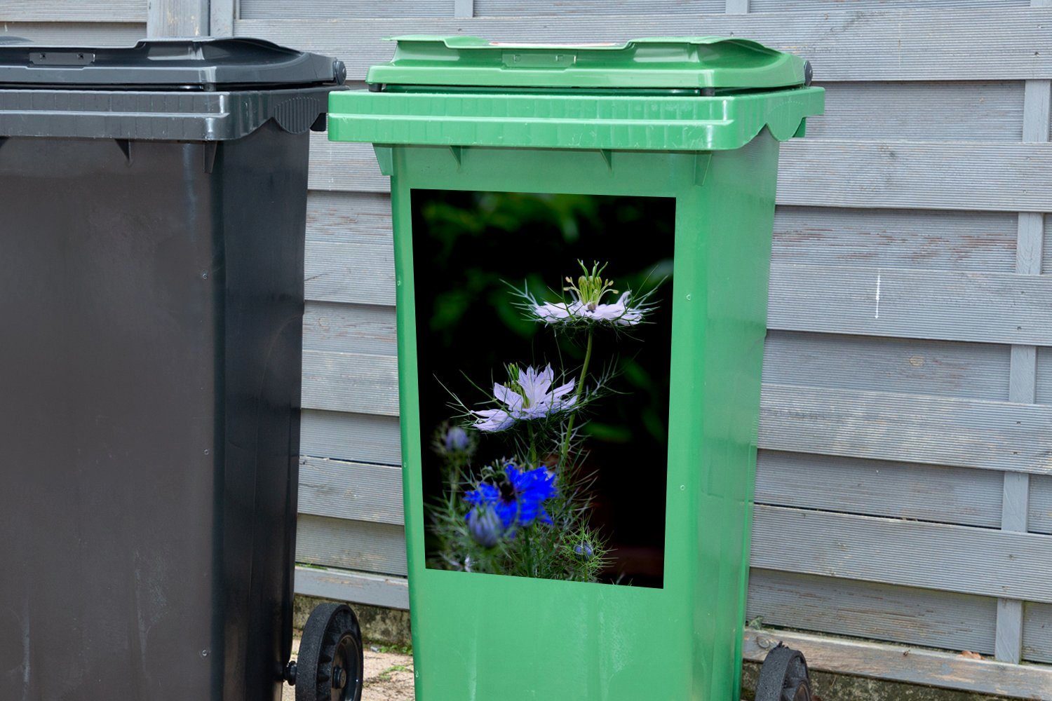Container, in (1 Sticker, Zwei Nigellapflanzen Abfalbehälter Mülltonne, Blüte voller MuchoWow Wandsticker Mülleimer-aufkleber, St),