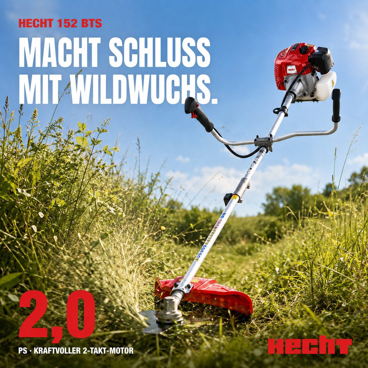 Hecht Benzin-Freischneider Motorsense 152 BTS mit Tragegurt, 25,5 cm Arbeitsbreite Messer, 43 cm Arbeitsbreite Faden, 2 PS, 9200 U/min