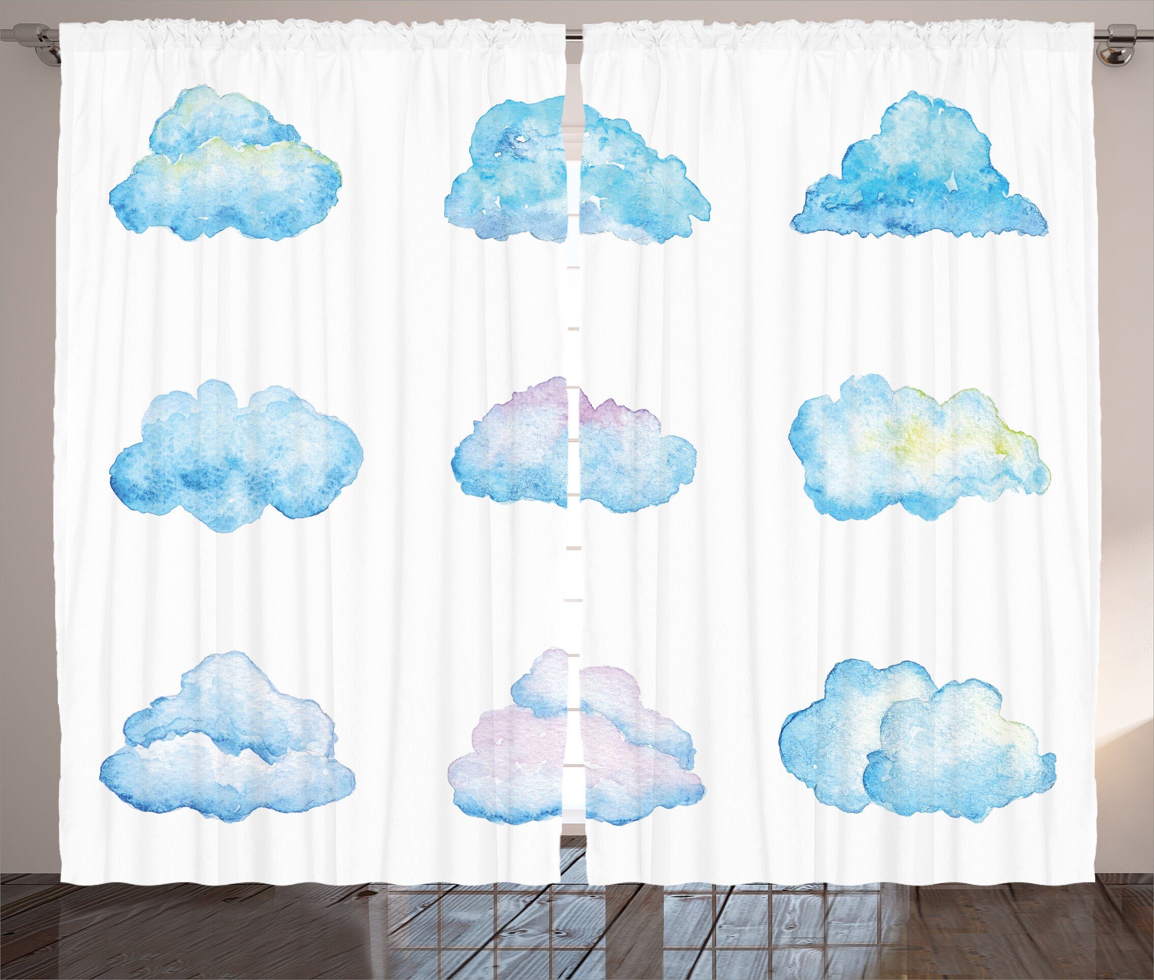 Gardine Schlafzimmer Kräuselband Vorhang mit Schlaufen und Haken, Abakuhaus, Kids Cartoon Fluffy Clouds