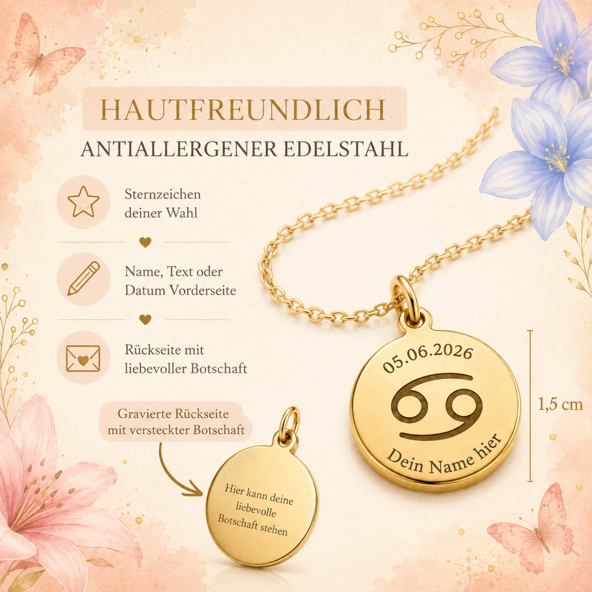 BS Schmuckdesign Kette mit Anhänger mit Gravur Personalisierte Halskette Damen Sternzeichen Name Datum Gravur (persönliche Gravur), inkl. Geschenkbox