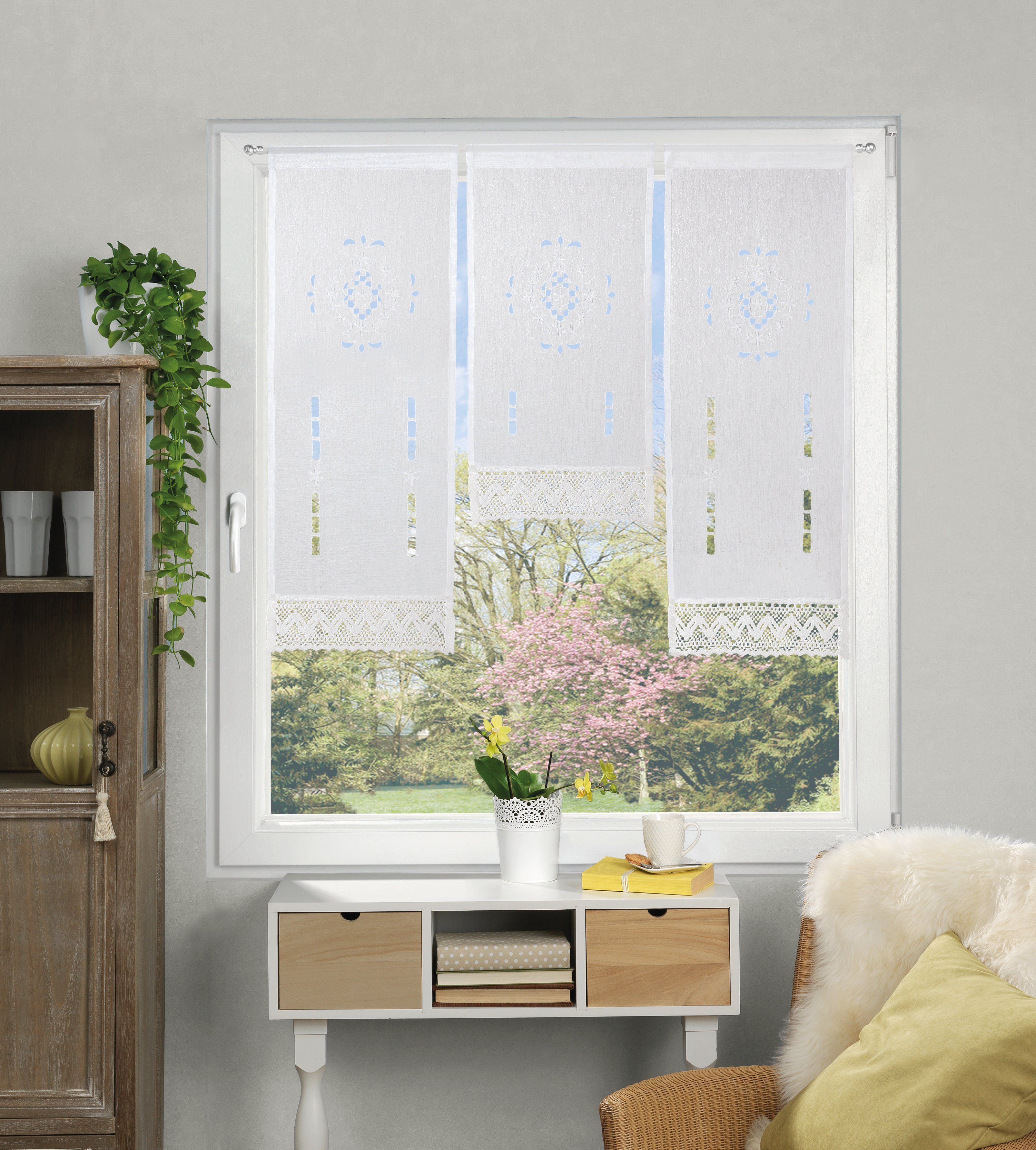 HOME WOHNIDEEN Vorhang ALEGRA (3 St), Stangendurchzug, halbtransparent, 3 teiliger Fensterbehang bestickt