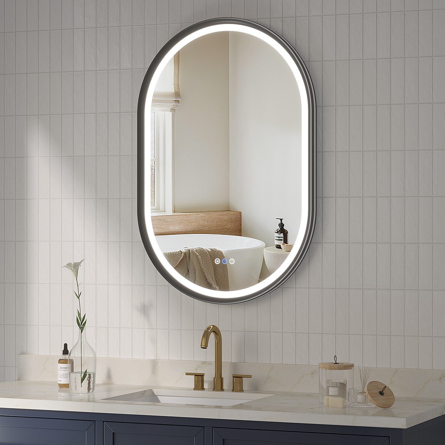 AQUABATOS Badspiegel mit Beleuchtung Ovaler LED Spiegel dimmbar Wandspiegel für Badezimmer, 50x80 / 60x90 cm, Beschlagfrei,Touch,Memory,Kaltweiß & Warmweiß,IP44