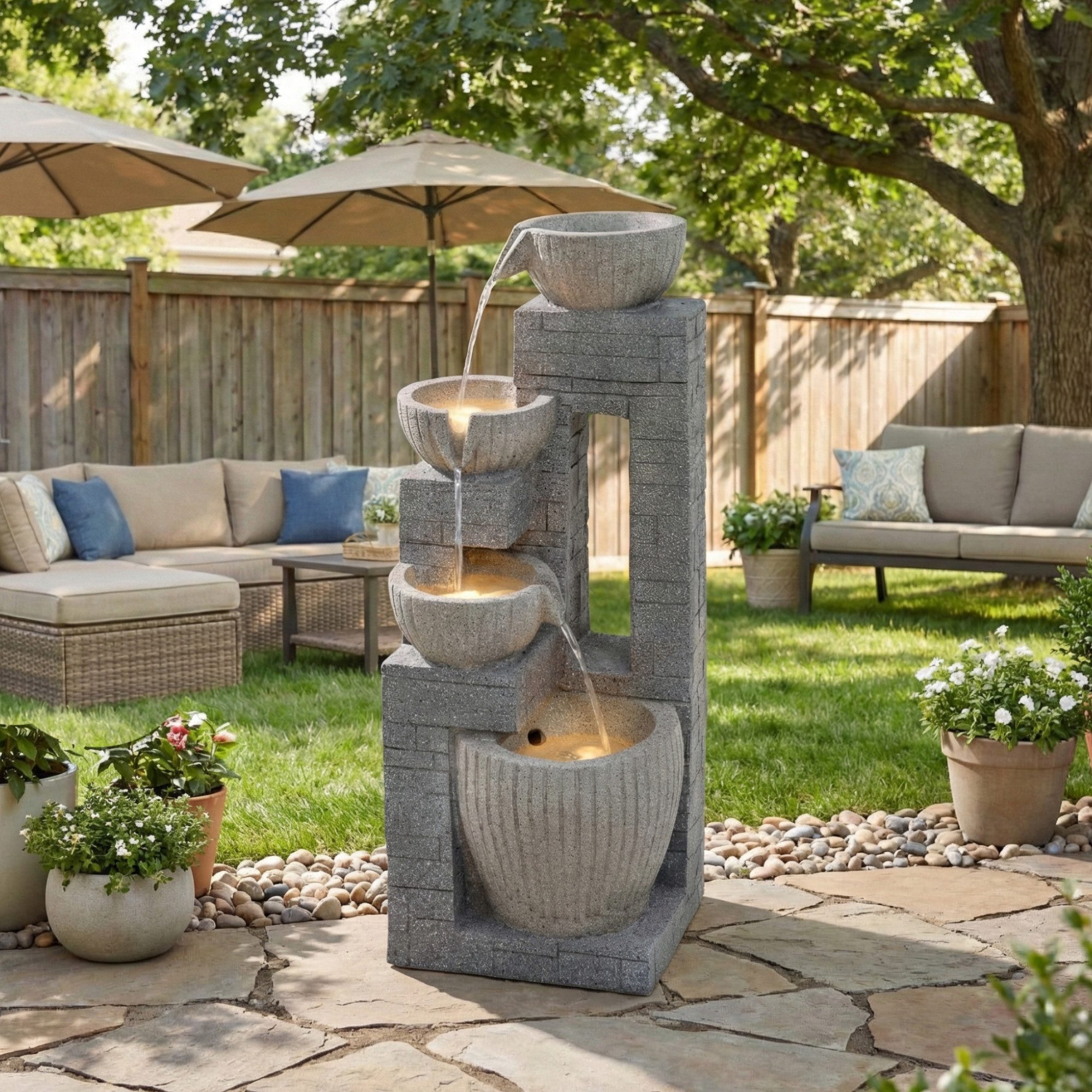 Celya Gartenbrunnen Gartenbrunnen mit LED-Brunnen für Garten, Terrasse, Balkon, Rasen, (Schafft eine ruhige Oase im Außenbereich), 80 cm Schichtstein-Becken, In Steingrau