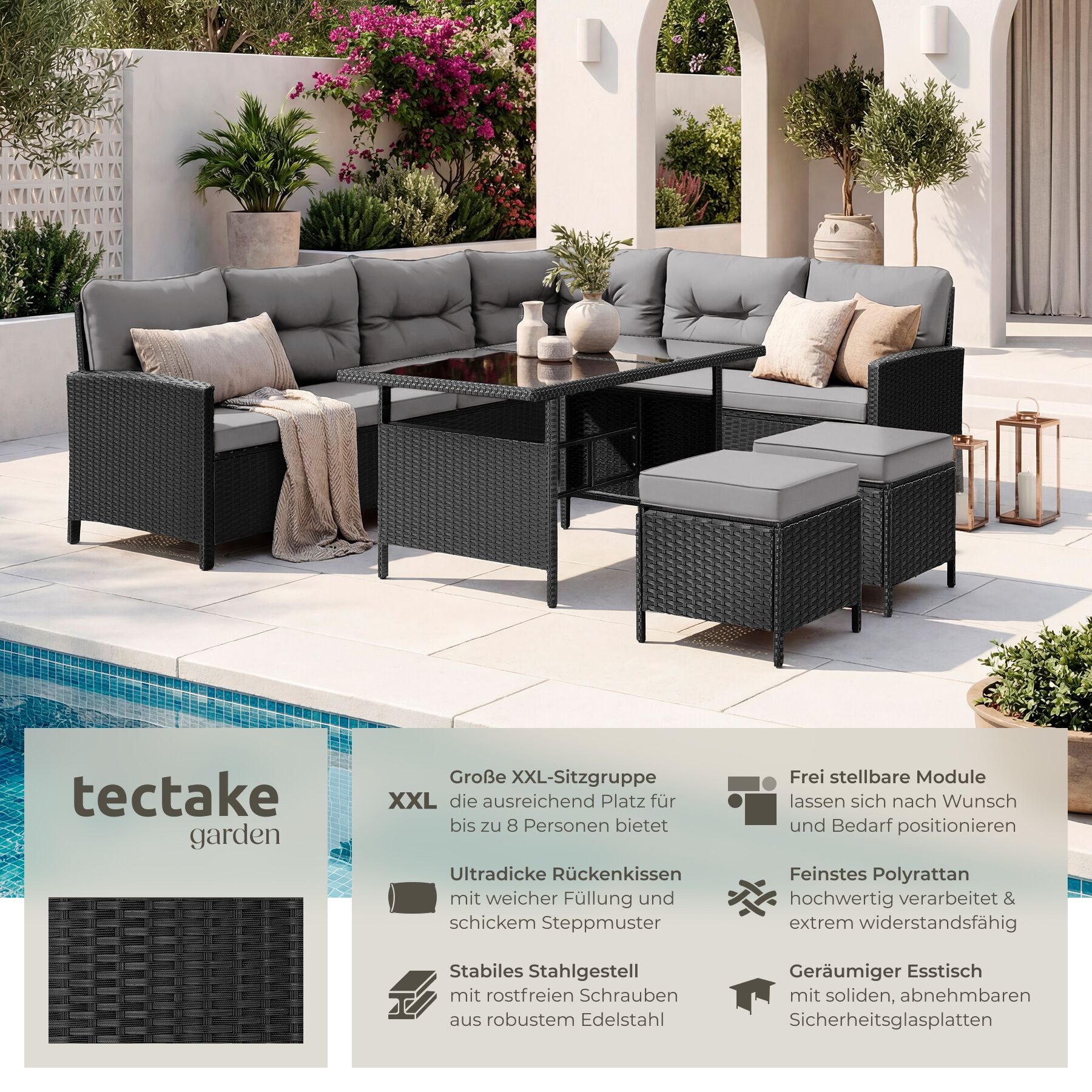 tectake Loungeset Rattan Sitzgruppe mit Sicherheitsglasplatten, für 6 bis 8 Personen, (Gartenlounge-set Barletta, 6-tlg., geeignet für Outdoor in Schwarz/Grau), widerstandsfähig und UV-beständig, dicke Rückenkissen