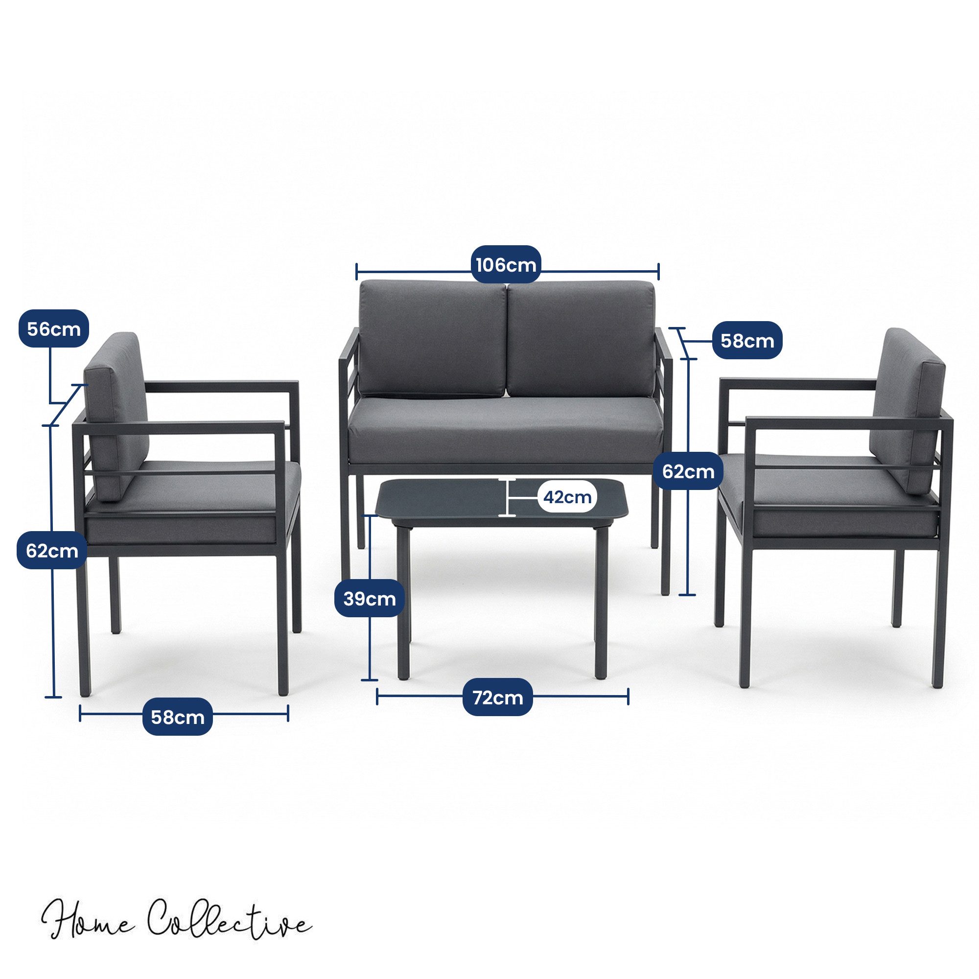 Home Collective Gartenlounge-Set Balkonmöbel Lounge Möbel Outdoor Terrassenmöbel Sitzgruppe mit Tisch, (4-teiliges Set mit 1 2-Sitzer, 2 Sesseln und 1 Tisch, inkl. abziehbarer Kissen), obustes Metallgestell und Sicherheitsglas, graue Kissen, anthrazit