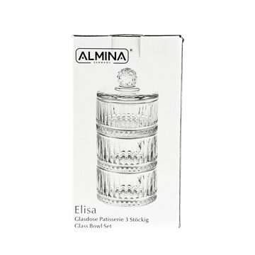 Almina Schale 3-stöckige Glasschale mit Deckel Transparent Riffle Design, Glas