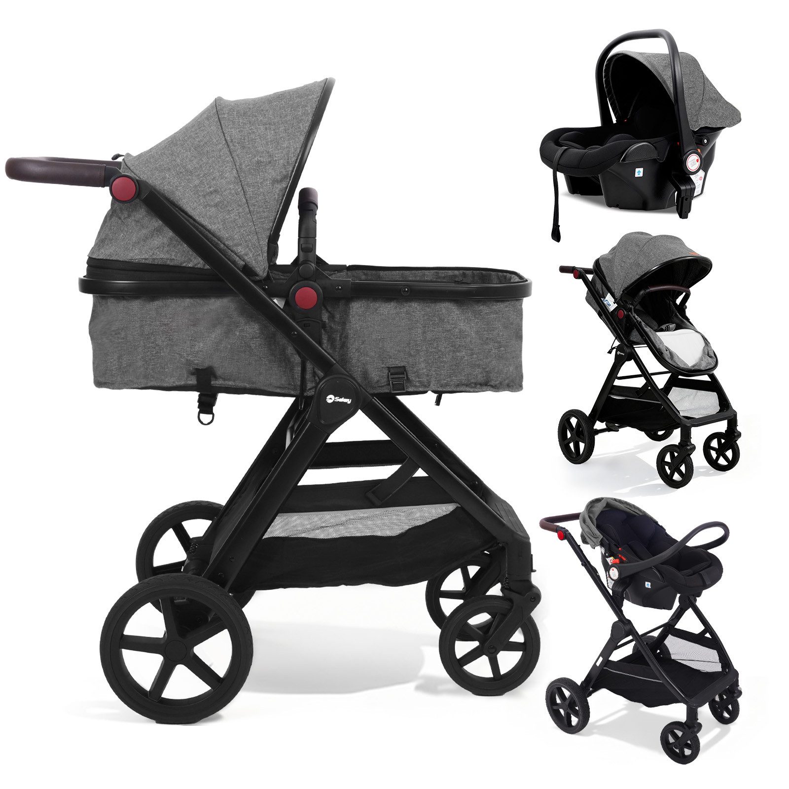 Sekey Kombi-Kinderwagen 3 in 1 Kinderwagen Buggy mit Liegefunktion Reisebuggy Auto Babyschale, All-Wetter Travel System 0–4 Jahre, mit Moskitonetz und Regenschutz