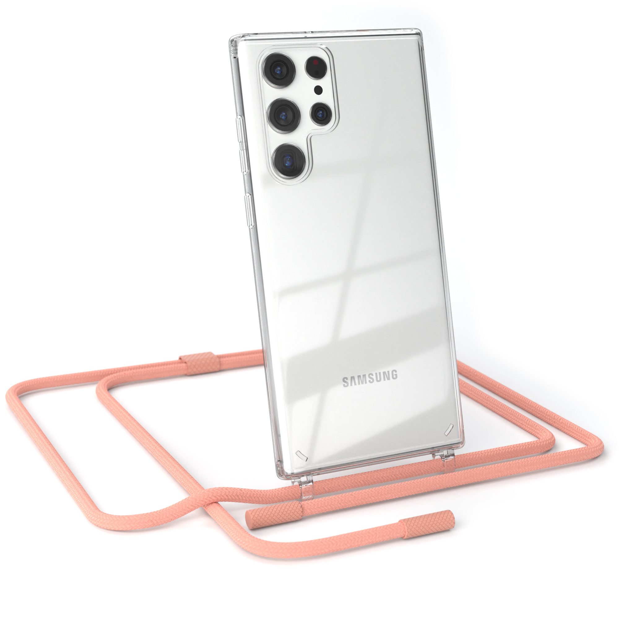EAZY CASE Handykette Silikon Kette Unifarbe für Galaxy S22 Ultra 5G 6,8 Zoll, Hülle mit Band 2in1 Handyband Etui Case mit Kordel Altrosa Koralle