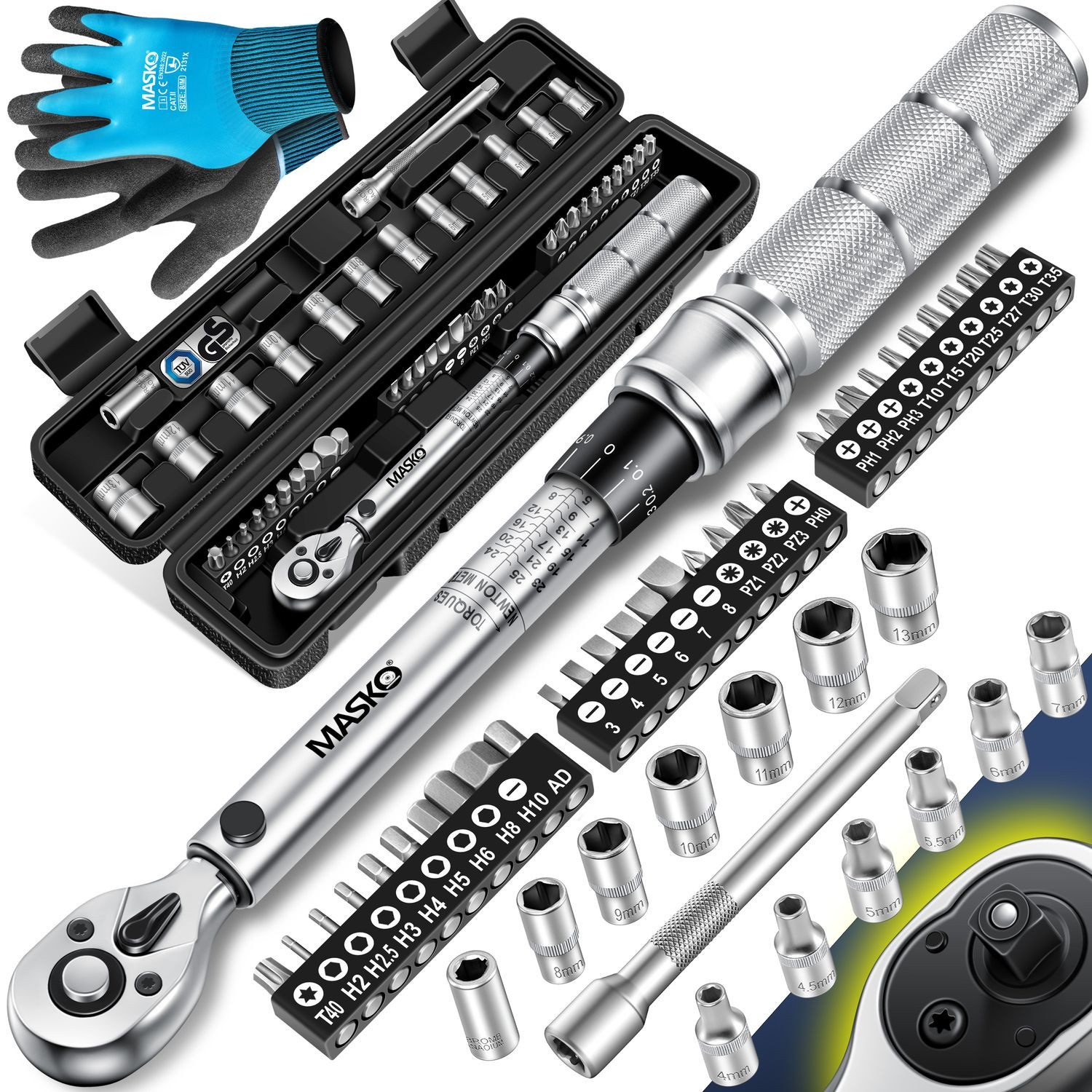MASKO Гаечные ключи, 45-tlg. Set Auto, Fahrrad & Motorrad 1/4 Zoll 5-25Nm inkl. Handschuhe