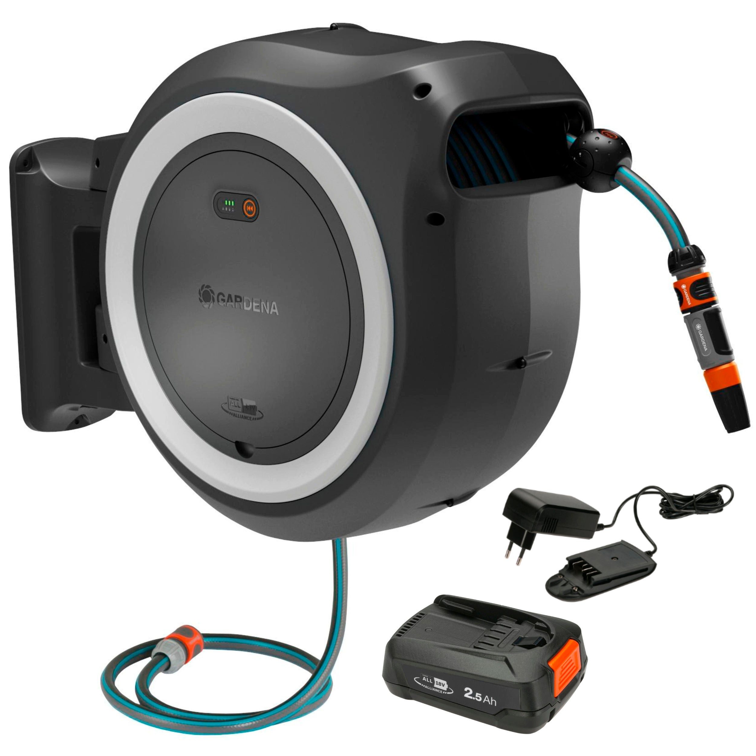 GARDENA Schlauchbox PowerRoll XL 18V P4A Ready-To-Use Set, innovativ, mit Funkfernsteuerung, Inkl. Akku und Ladegerät