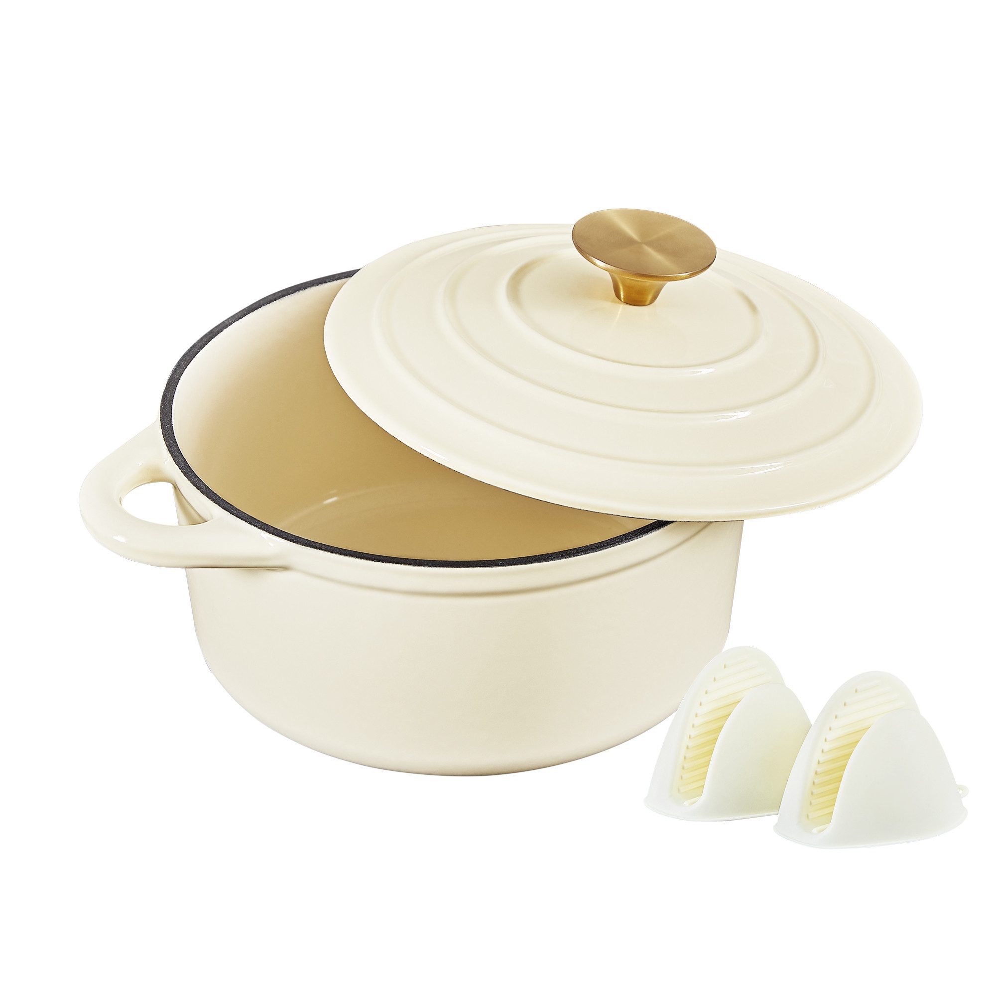 Zedelmaier Bräter Gusseisen Topf 22/24/26cm Incl. Silikon Topflappen Topfuntersetzer, (Set, 1 Pot mit 1 lid, 2 Ofenhandschuhe, 1 Topfuntersetzer), Backofengeeig – Bild 2 von 5