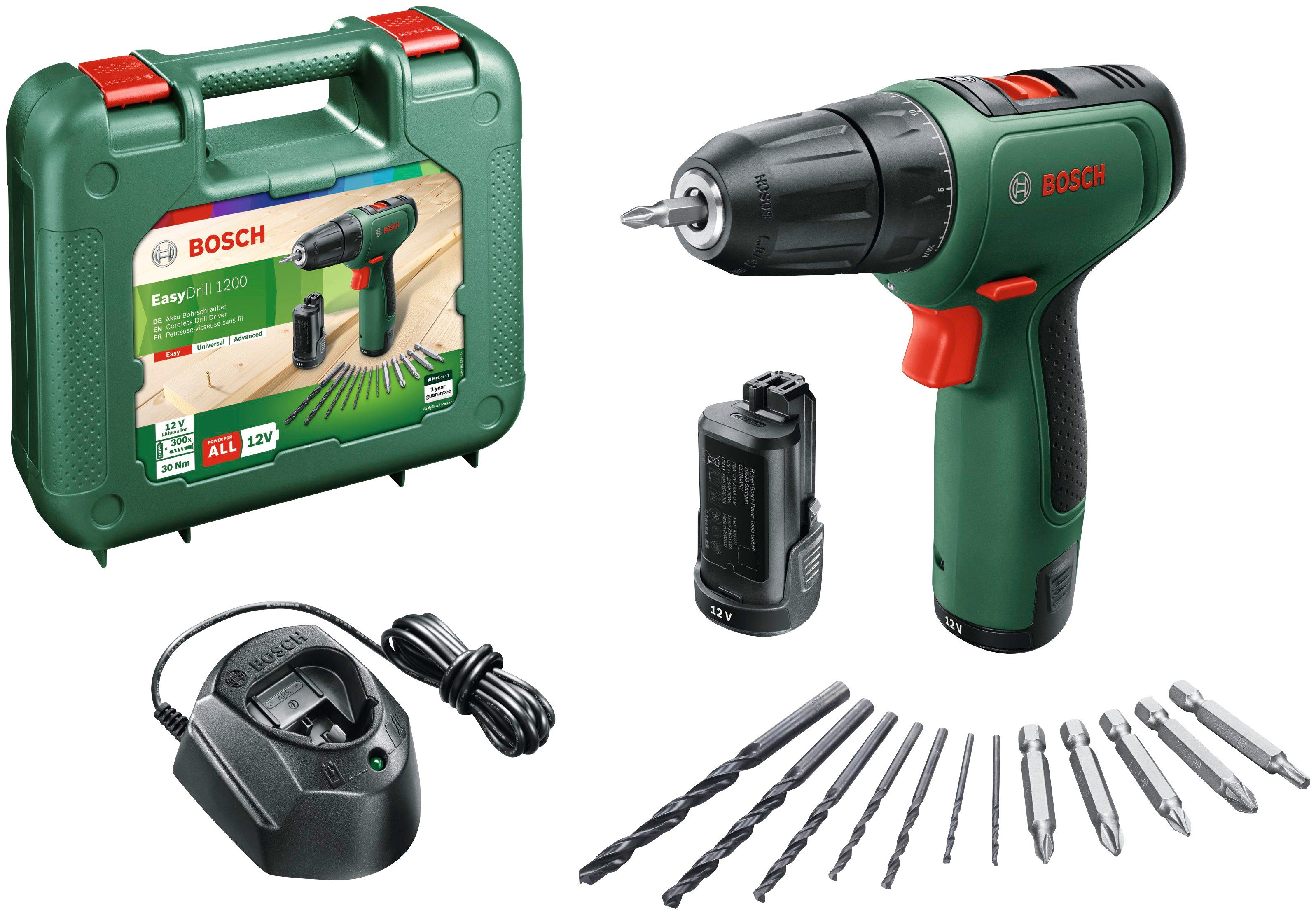 Home EasyDrill und & Garden Akkus U/min, Bosch 2 1200, Nm, 30 1500 Ladegerät Akku-Schrauber mit