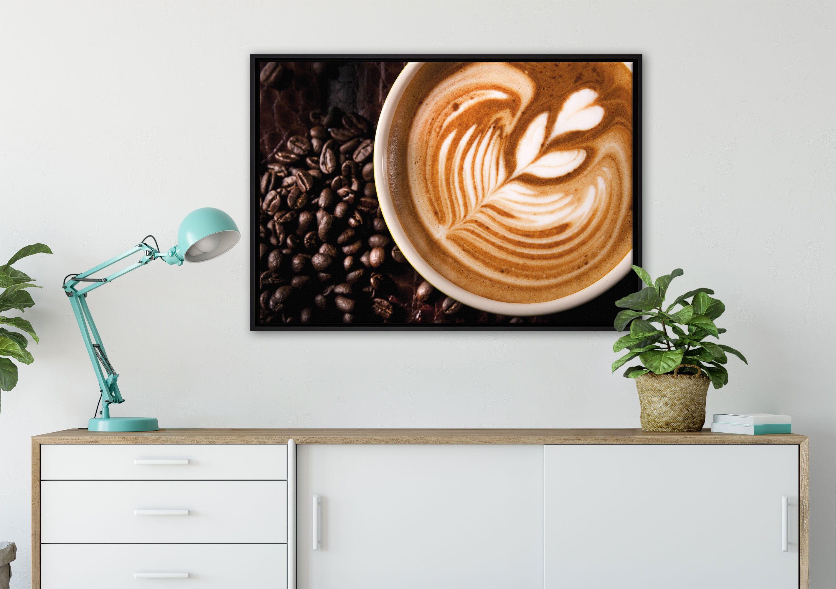 Pixxprint Leinwandbild fertig Kaffee Tasse St), mit inkl. Zackenaufhänger einem Leinwandbild Schattenfugen-Bilderrahmen bespannt, Wanddekoration in gefasst, Schaumherz, (1