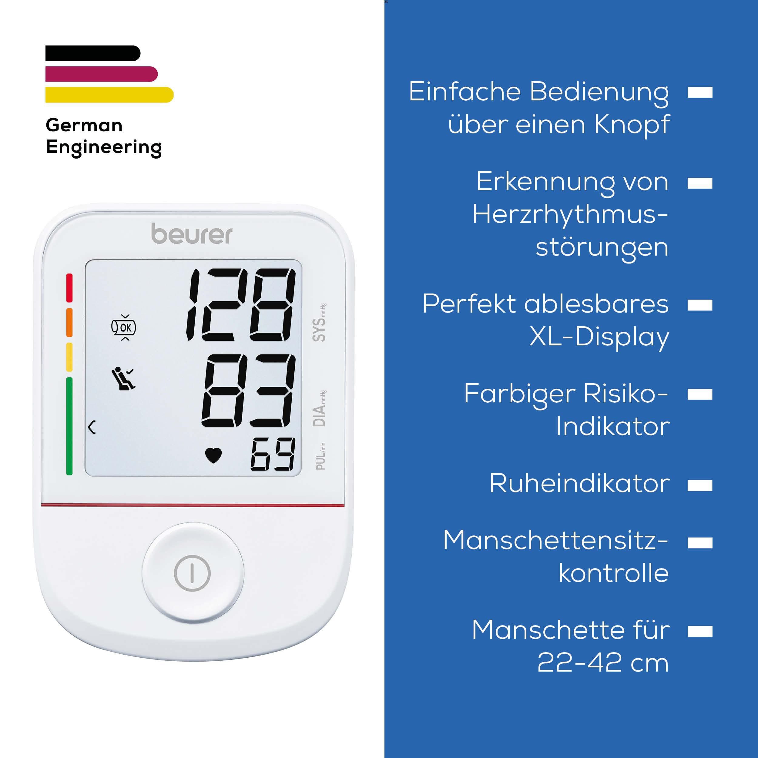 BEURER Oberarm-Blutdruckmessgerät BM 38, Medizinprodukt, einfache Blutdruckmessung per Knopfdruck