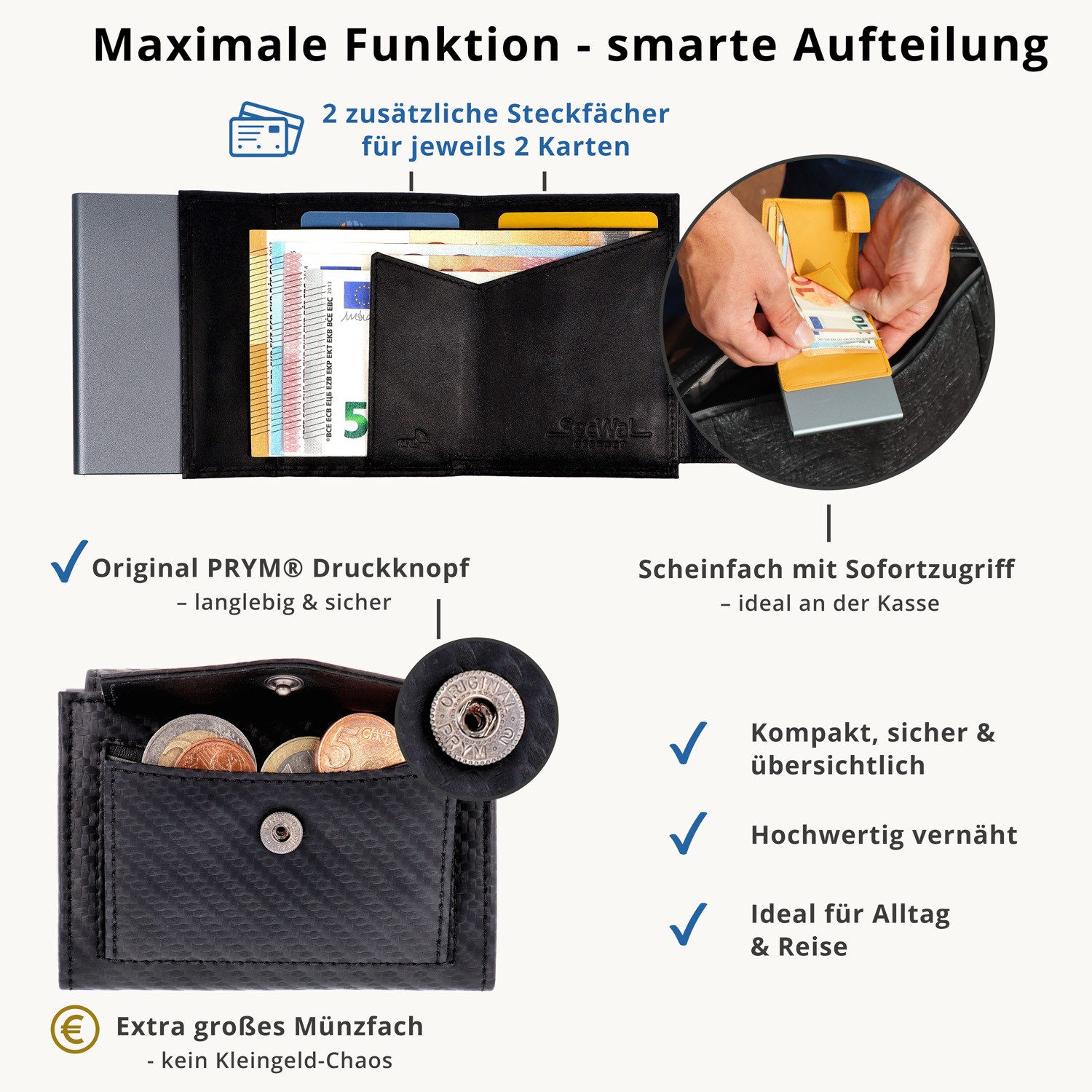 SecWal Geldbörse, Kartenetui mit Münzfach Druckknopf, Slim Wallet, RFID Schutz, Geldbeutel klein, für Damen und Herren