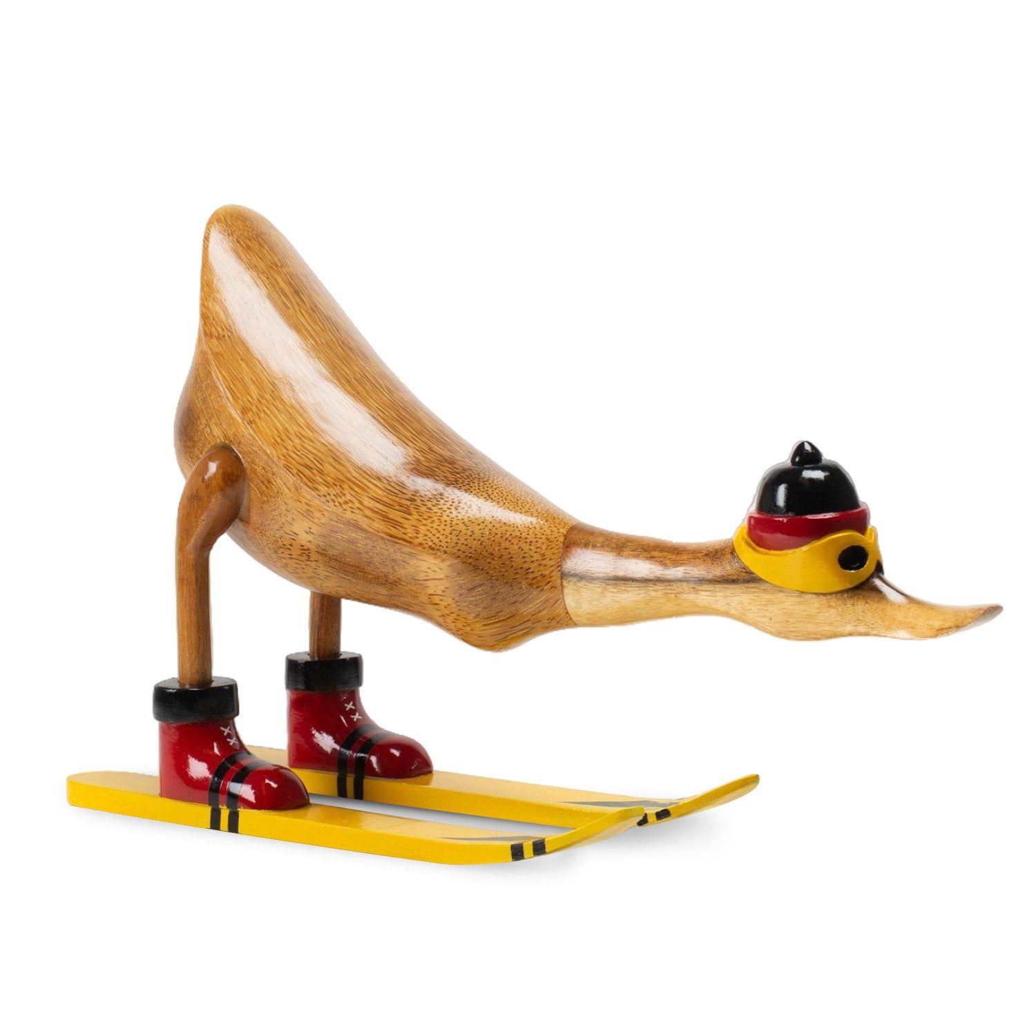 Rikmani Dekofigur Ente Skifahrer - Handgefertigte Dekoration aus Holz Geschenk Figur (3er-Set, SET: S, M, L), Drei Holzarten. Lackiert.