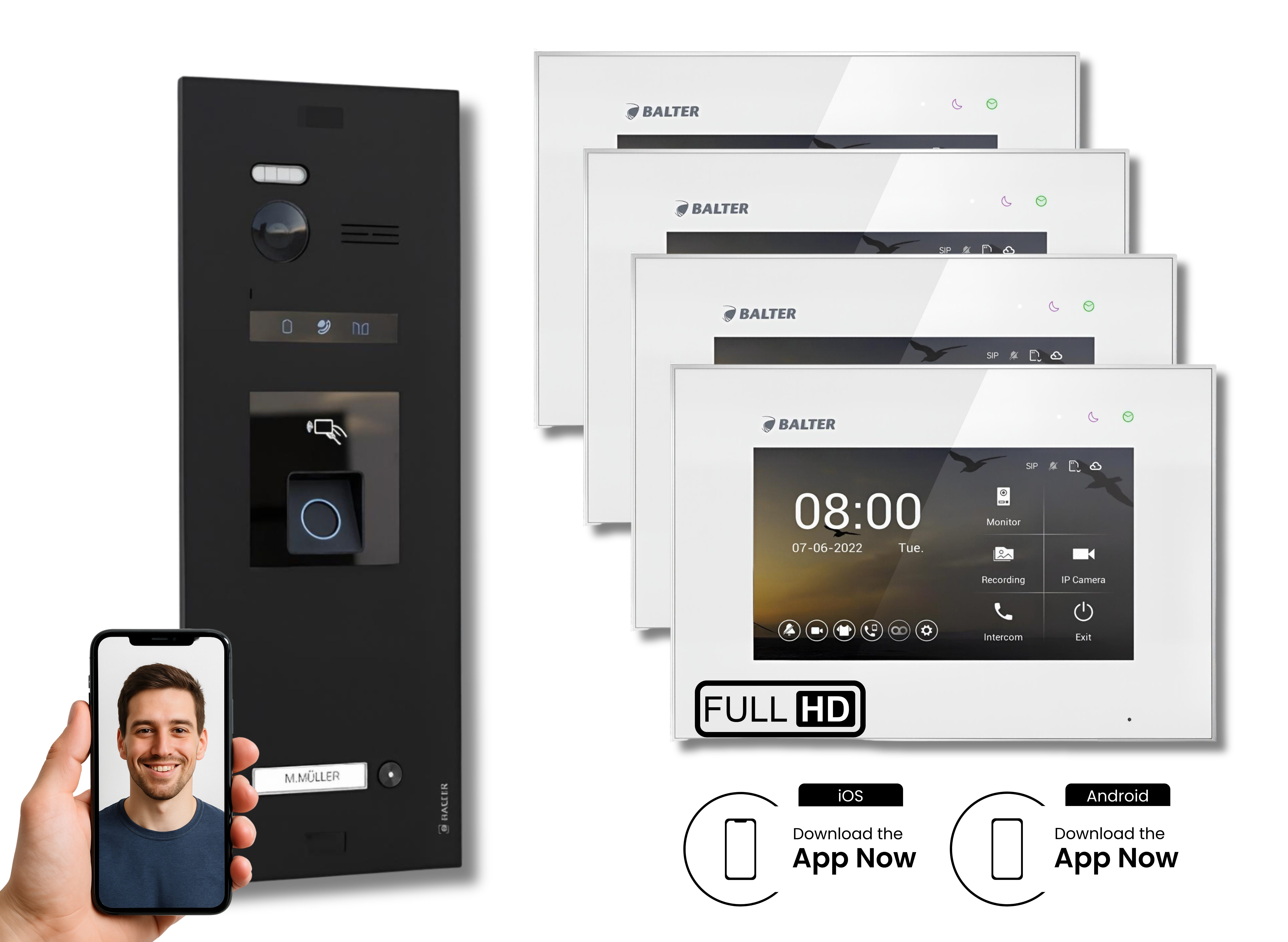 Balter Video-Türsprechanlage BALTER HD WLAN Türsprechanlage 1-Familienhaus Schwarz Weiß (Set, 1-Familienhaus, Komplettsett, Full HD 175° Kamera, Fingerprint, RFID)
