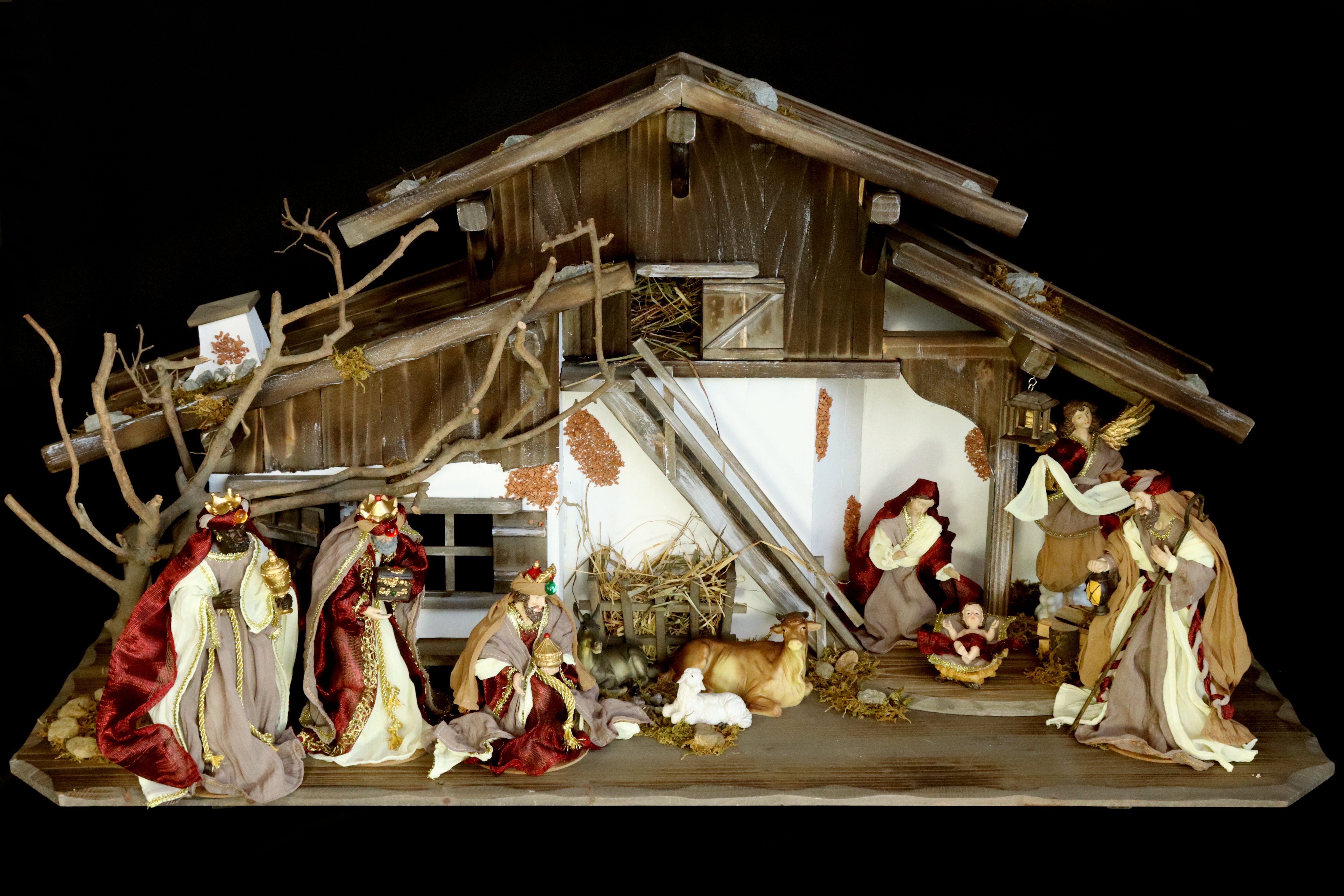 mit Weihnachtskrippe Holz, 115*44*58cm (MIT Krippenstall, Kleidern Krippenfiguren) Krippenstall Figuren aus aus ELLUG Krippe großer Holz (11-tlg),