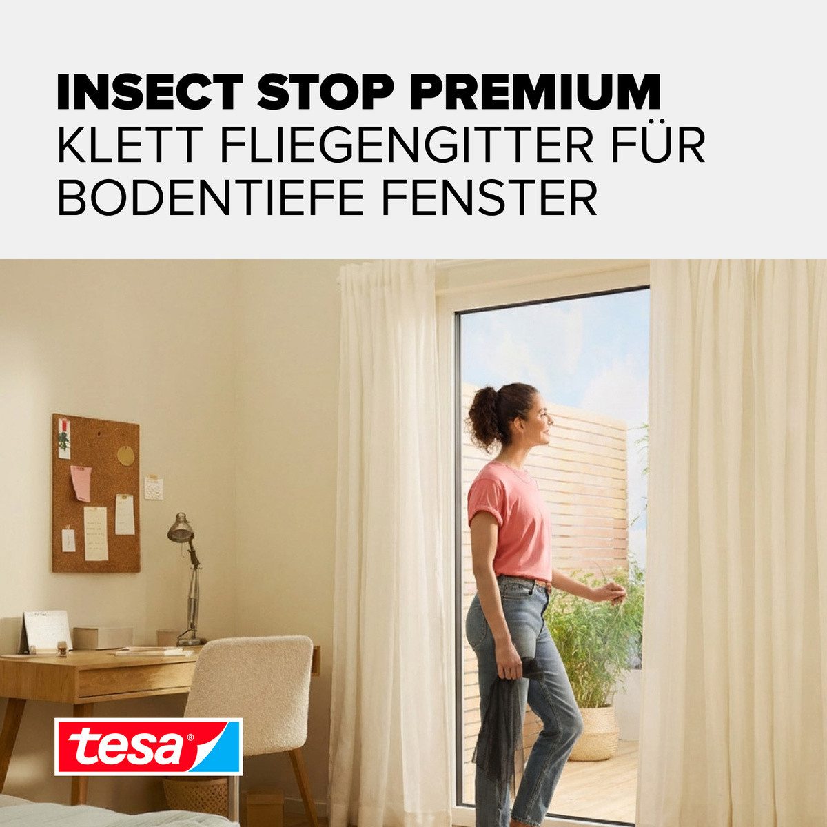 tesa Fliegengitter-Gewebe Premium für Fenster, Insektenschutz mit Klettband - 120 x 240 cm, (Packung, 1-St., Fliegennetz, Klettband, Andrück und Schneidehilfe), Mückenschutz mit starkem Klettband, rückstandsfrei entfernbar