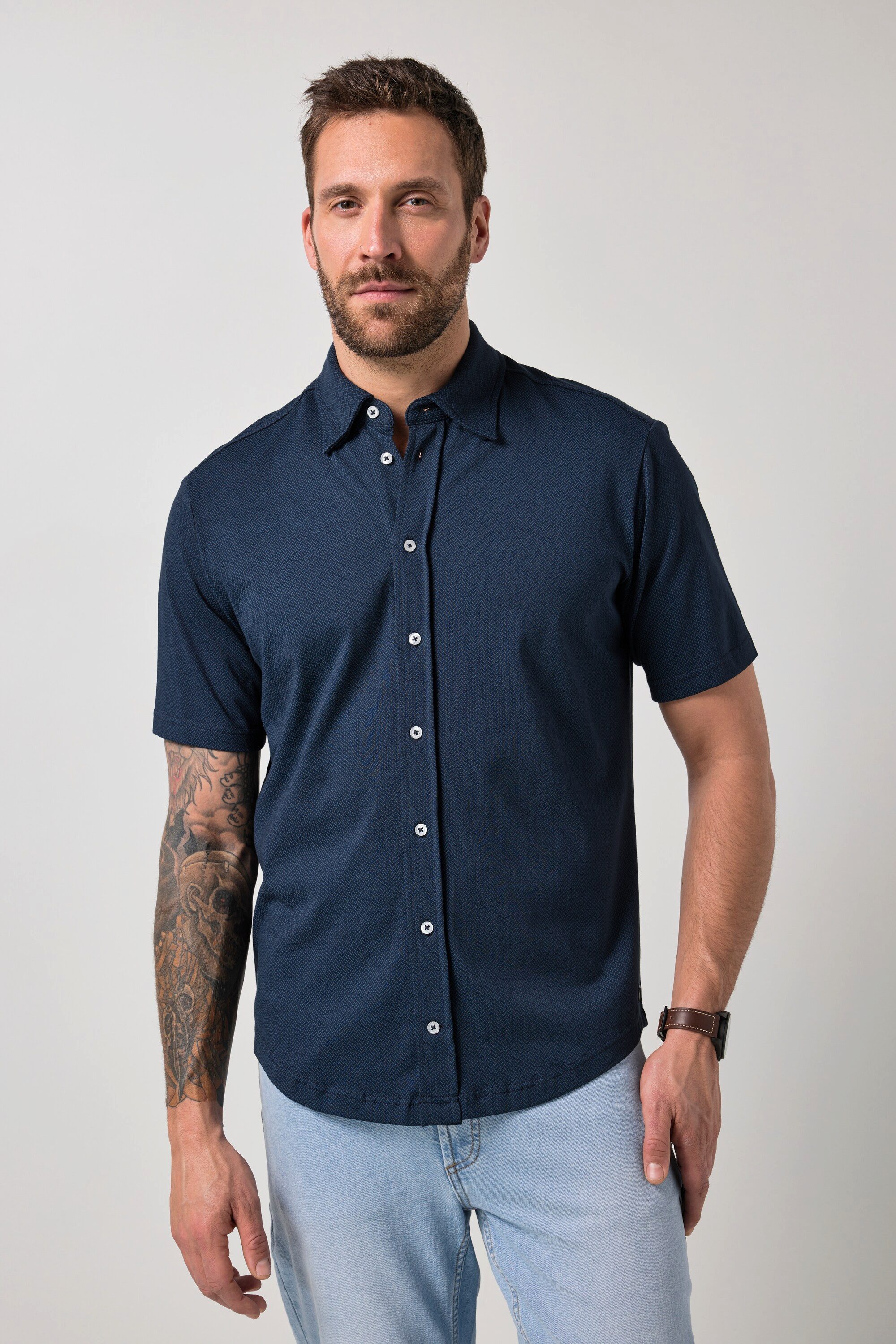 JP1880 Kurzarmhemd Jersey-Hemd Halbarm verdeckter Buttondown-Kragen