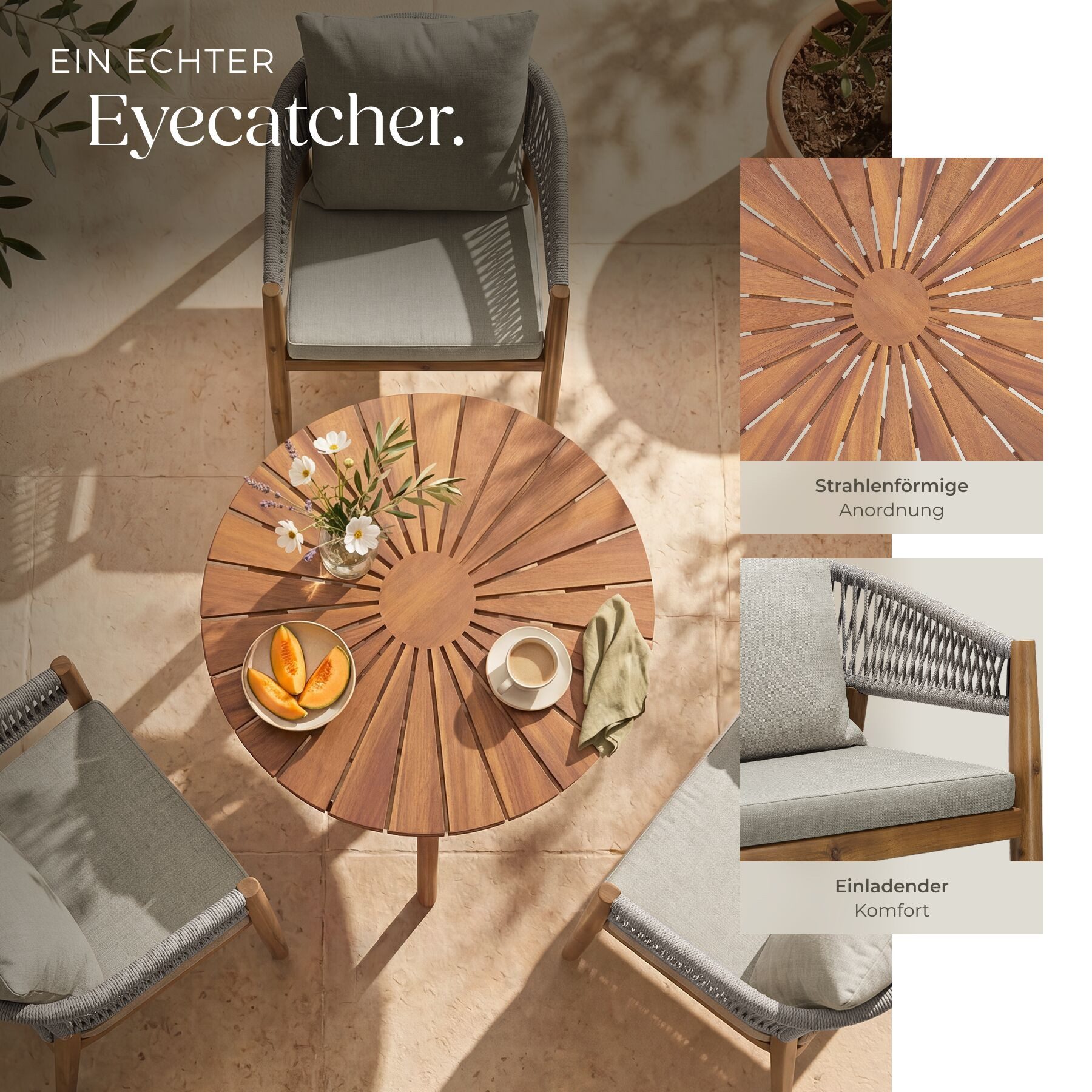 tectake Gartenlounge-Set Wetterfestes Gartenmöbelset aus Akazienholz mit, (Gartenmöbel Set 3-Teilig, 3-tlg., in Greige), Wasserabweisende, abnehmbare Bezüge, In – Bild 4 von 5