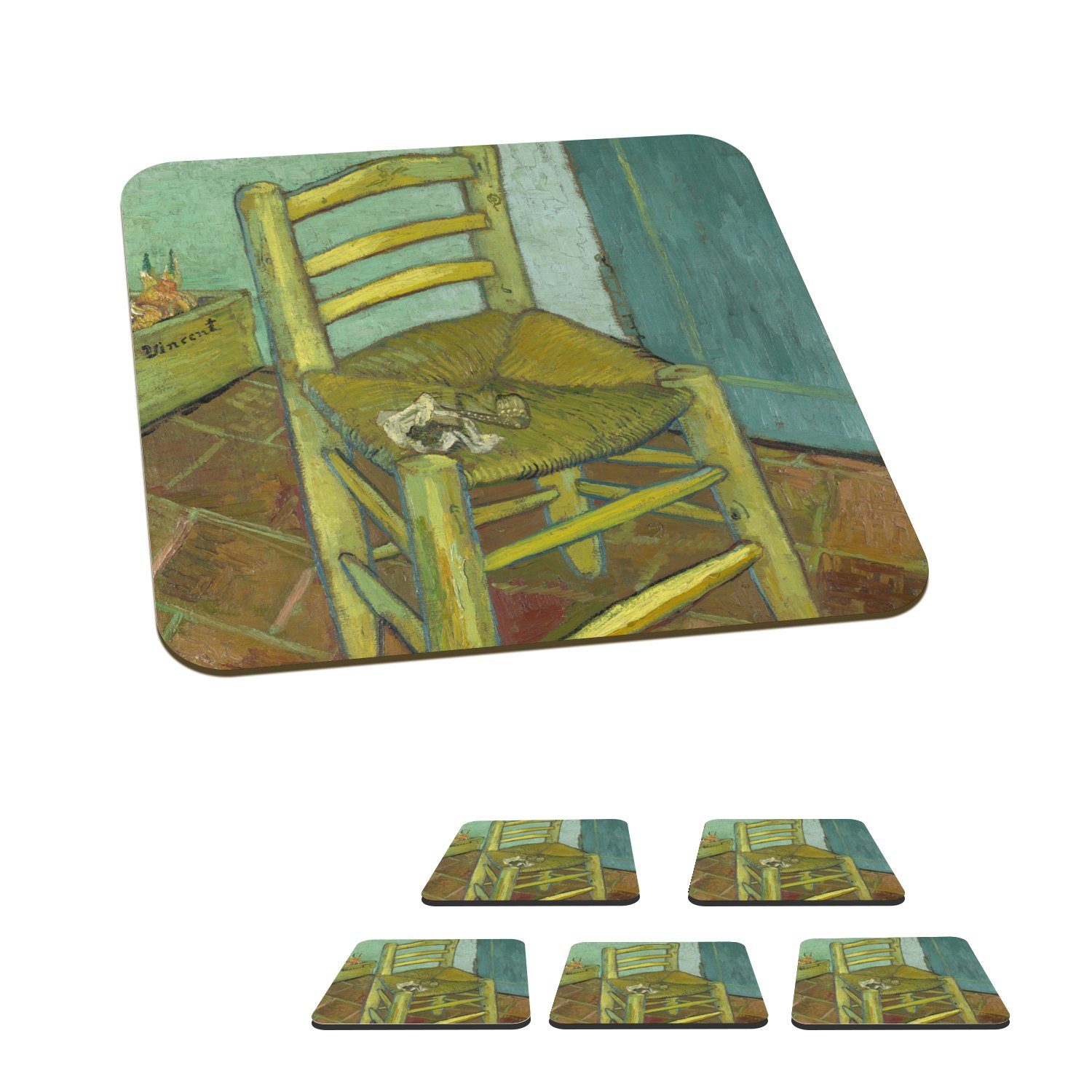 MuchoWow Glasuntersetzer Der Stuhl von Vincent - Vincent van Gogh, Zubehör für Gläser, 6-tlg., Glasuntersetzer, Tischuntersetzer, Korkuntersetzer, Untersetzer, Tasse