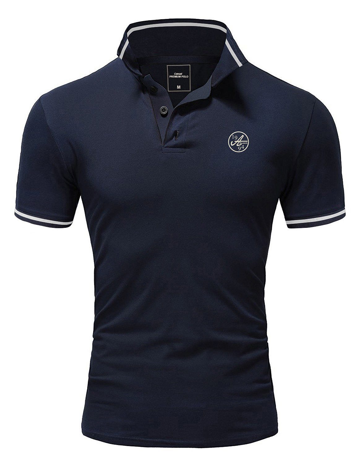 Amaci&Sons Poloshirt MACON Herren Basic Kontrast Stickerei Kurzarm Polohemd T-Shirt Navyblau/Weiß