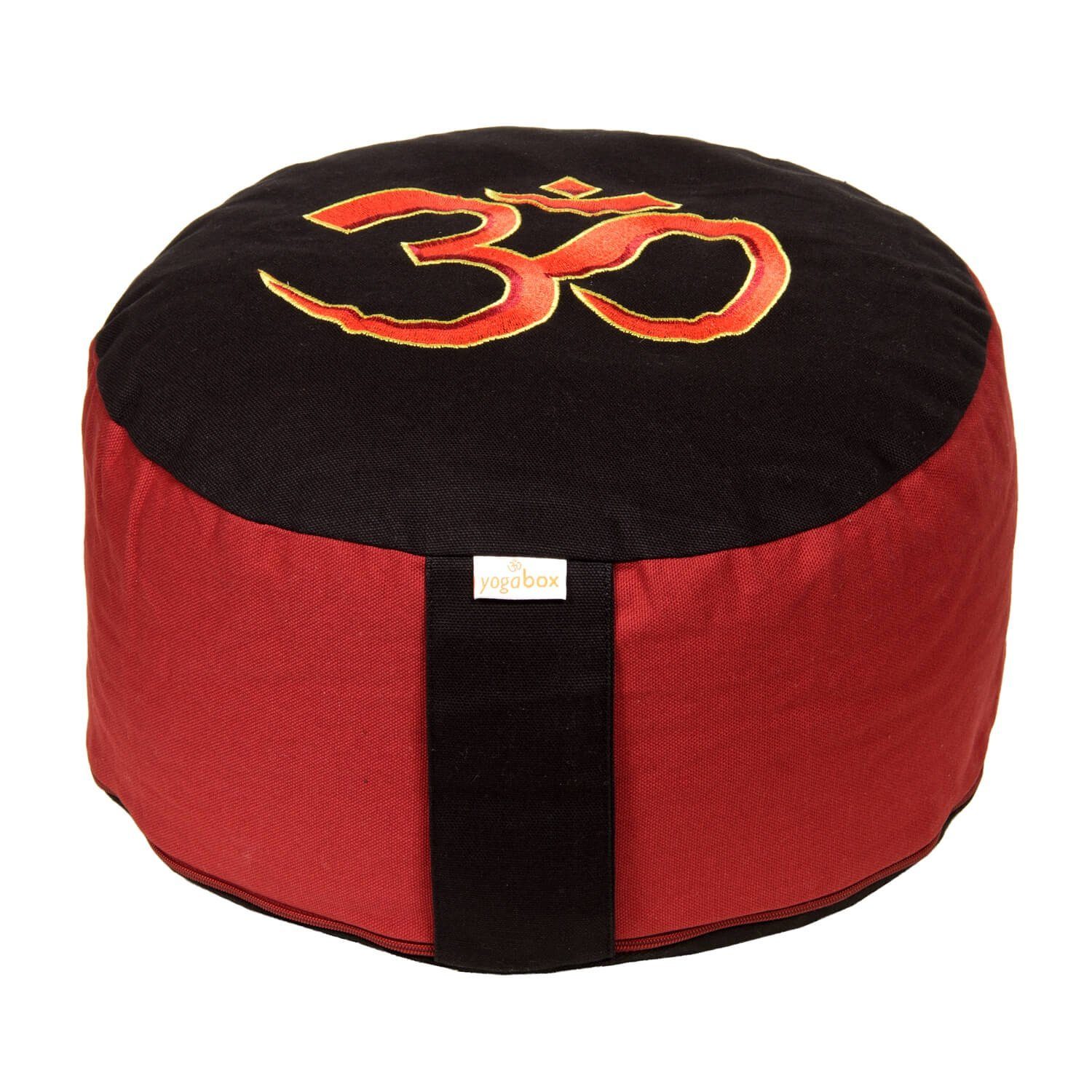 schwarz rot / yogabox mit Yogakissen Glückssitz OM-Symbol