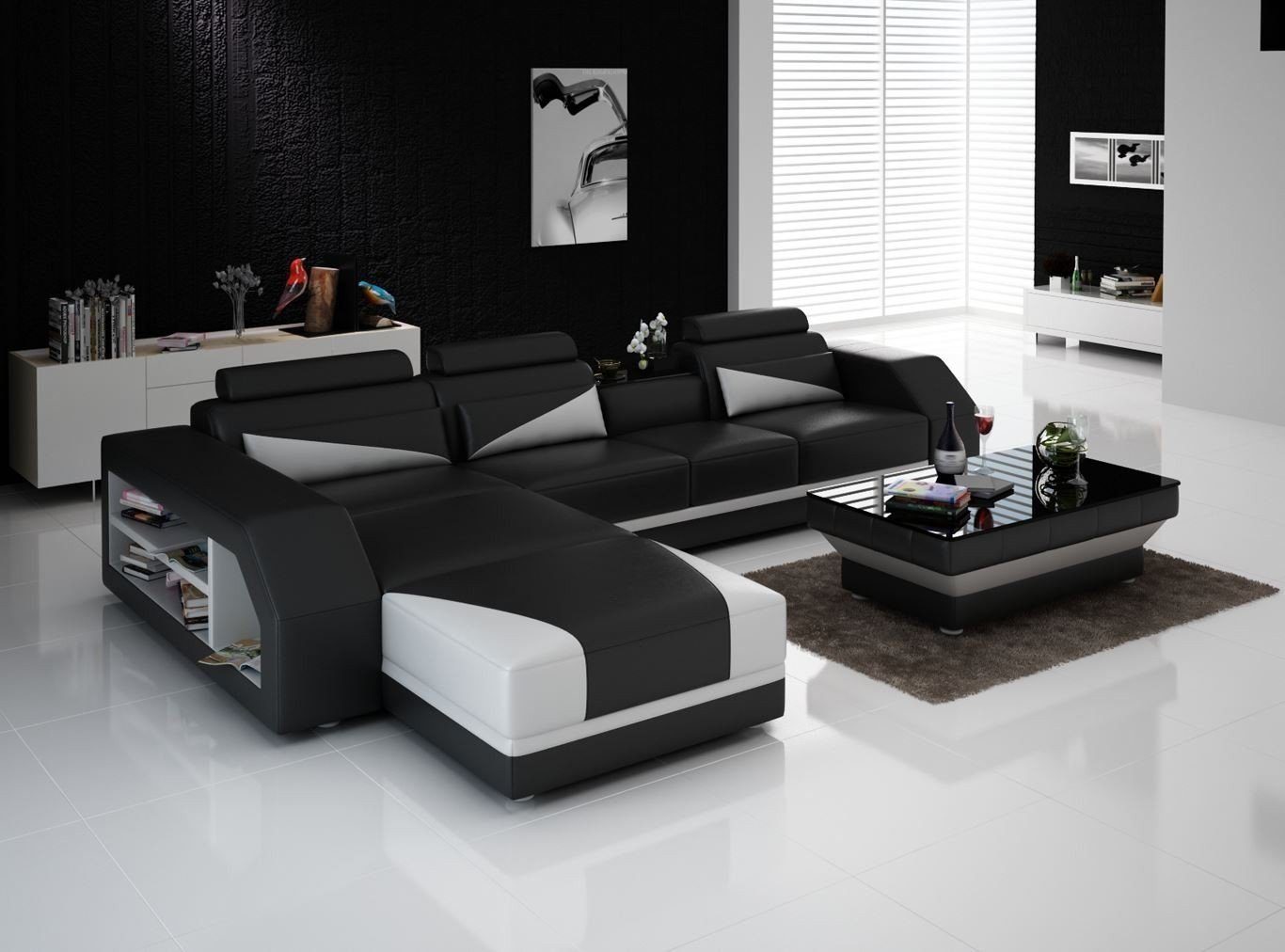 JVmoebel Sofa Ledersofa Wohnlandschaft Ecksofa L-Form mit Sessel Set Modern Sofa neu, Made in Europe Schwarz/Weiß